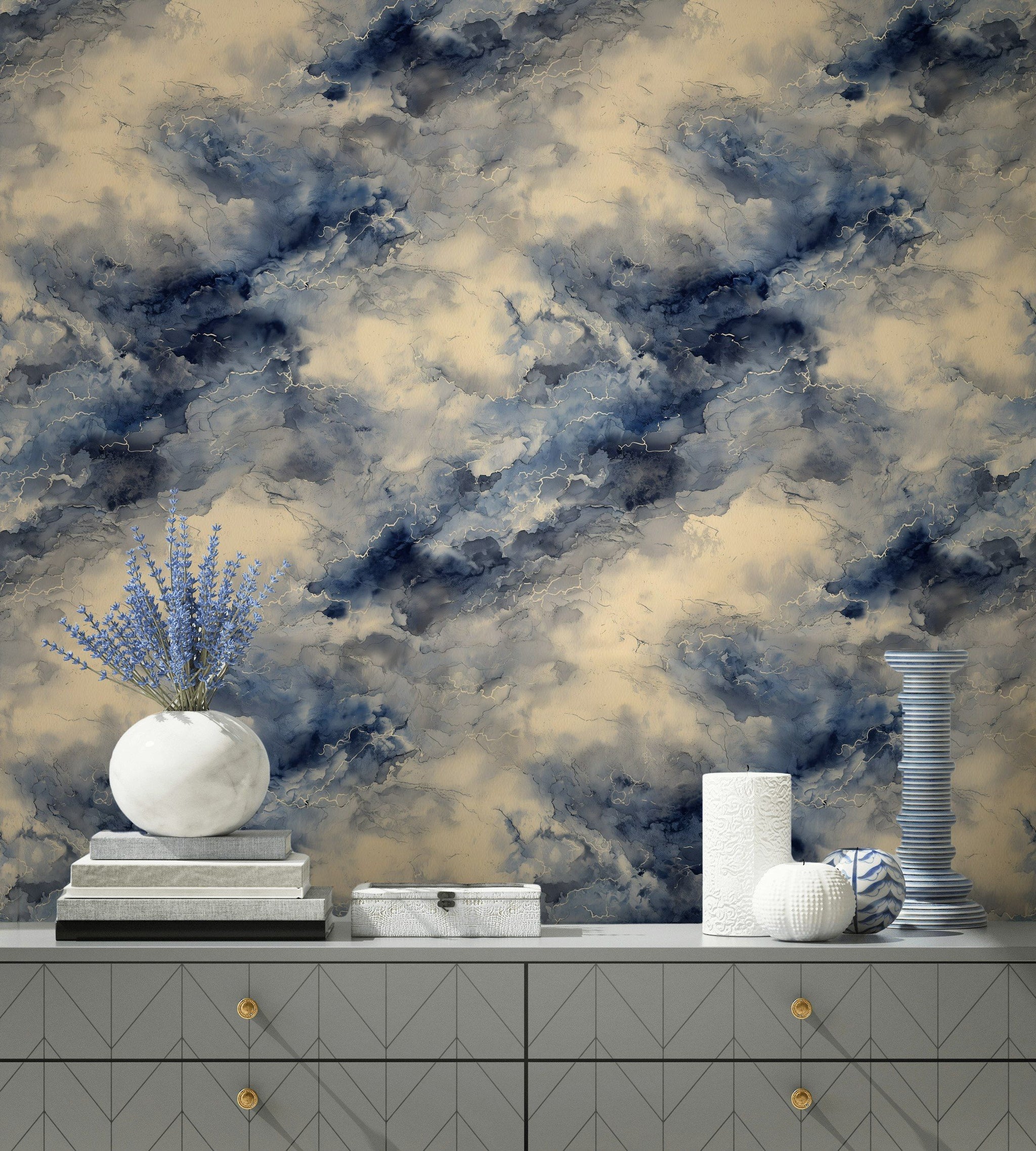 Navy and Beige Cloudy Abstract Wallpaper