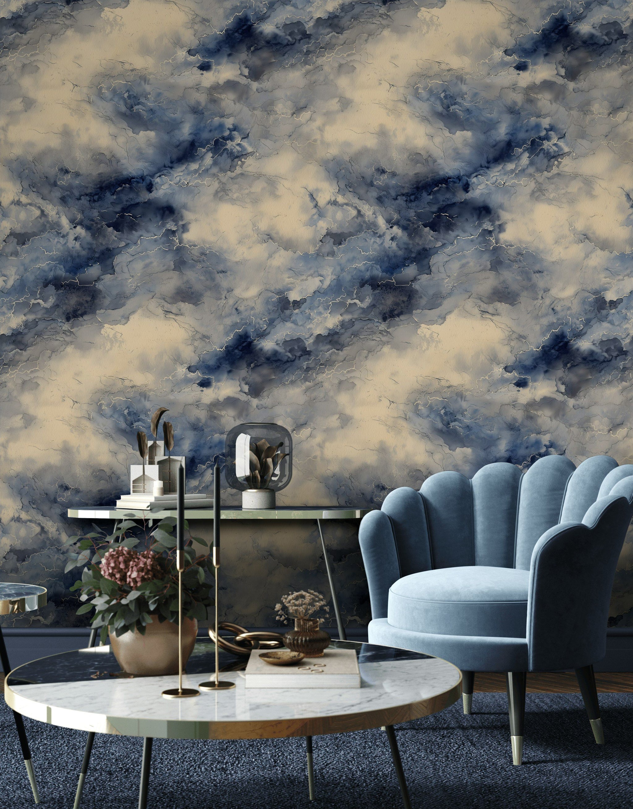 Navy and Beige Cloudy Abstract Wallpaper