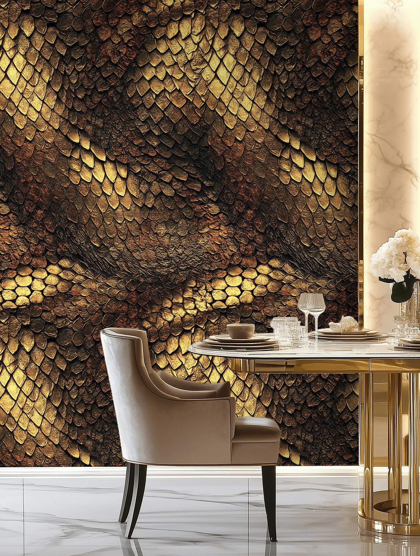 Gold Dragon Wallpaper Metallic Scale Mural Luxe Wall Decor