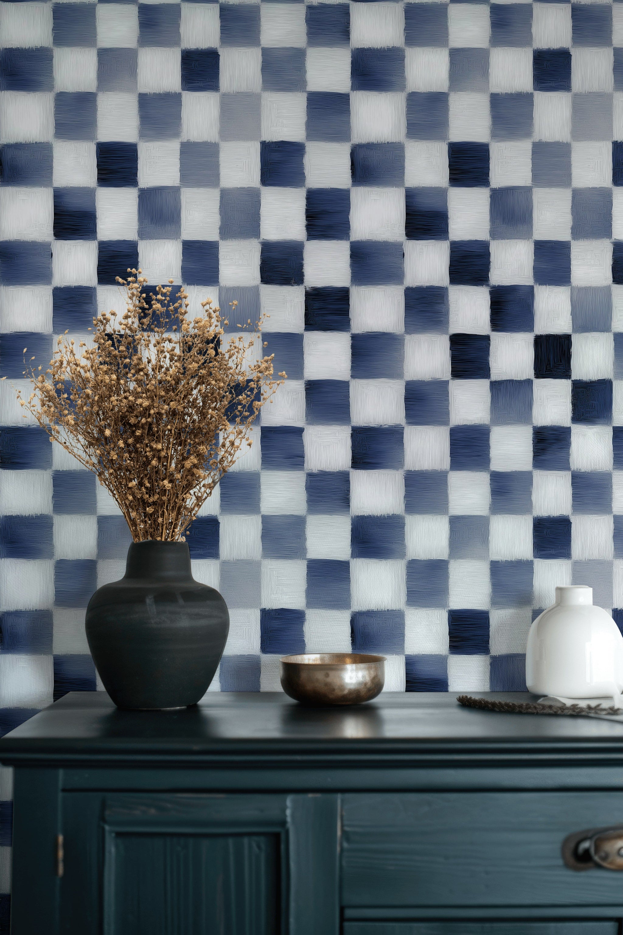 Navy Blue and White Checkered Geometric Wallpaper