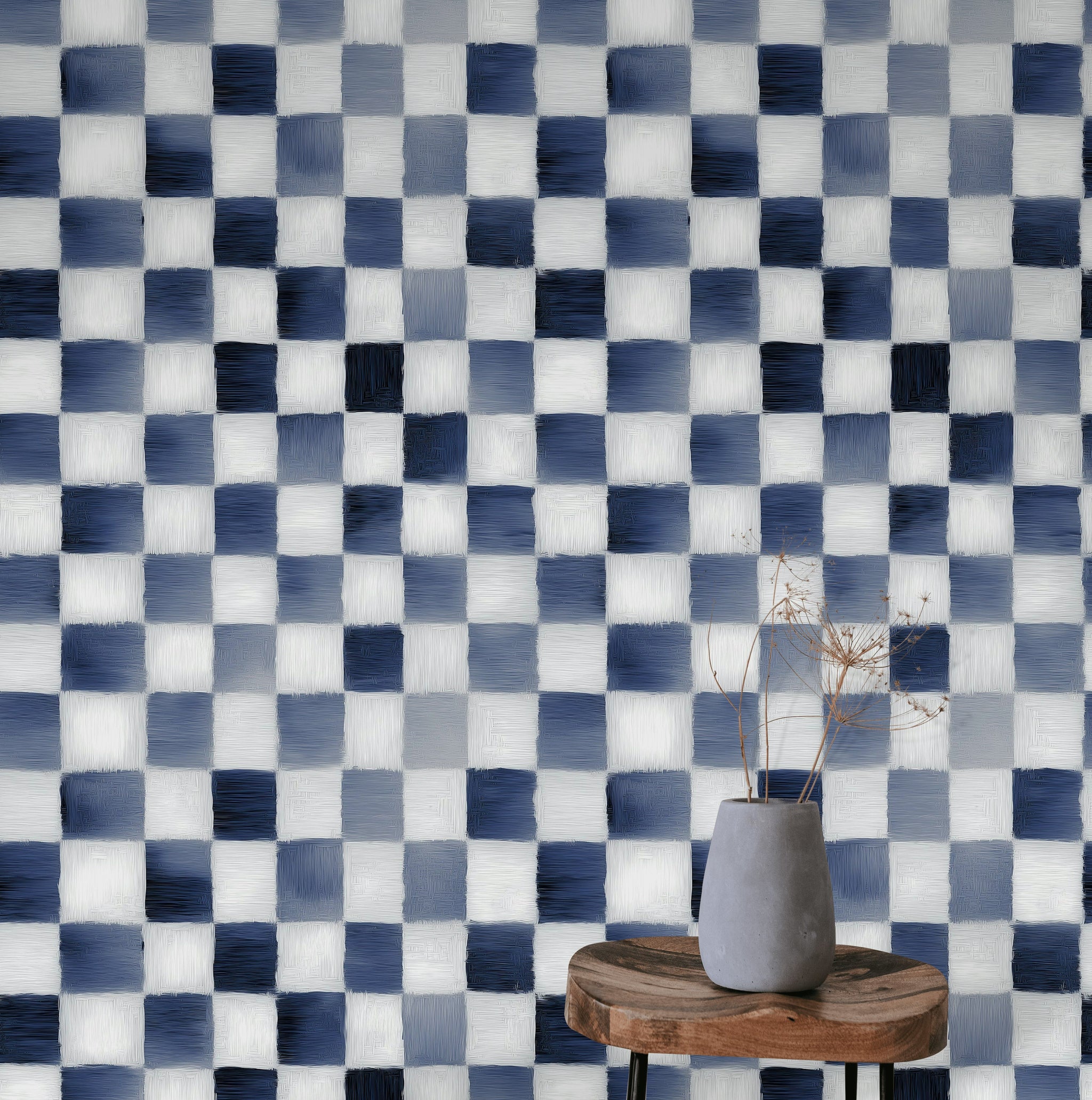 Navy Blue and White Checkered Geometric Wallpaper