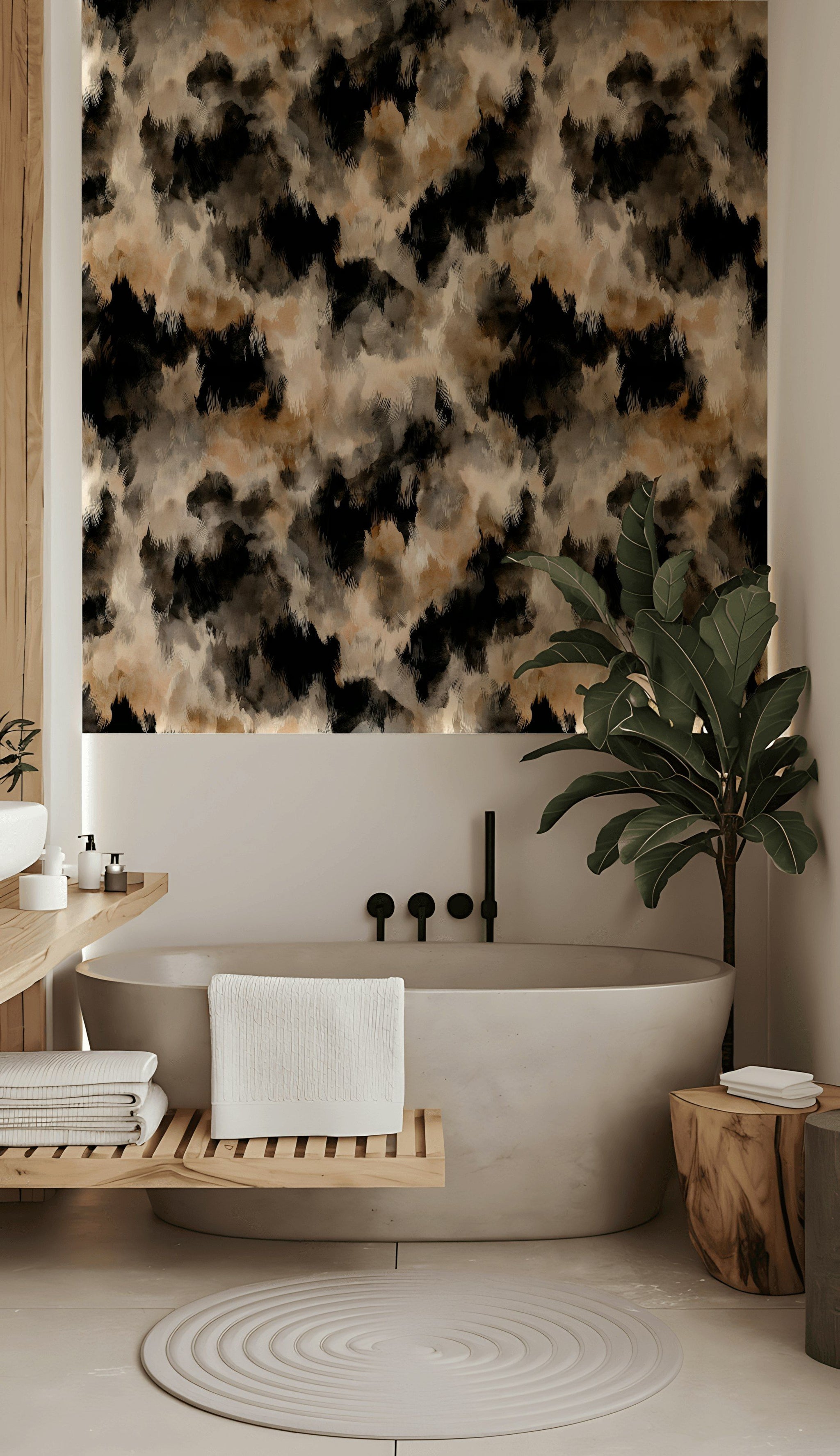 Taupe and Black Abstract Brushstroke Wallpaper