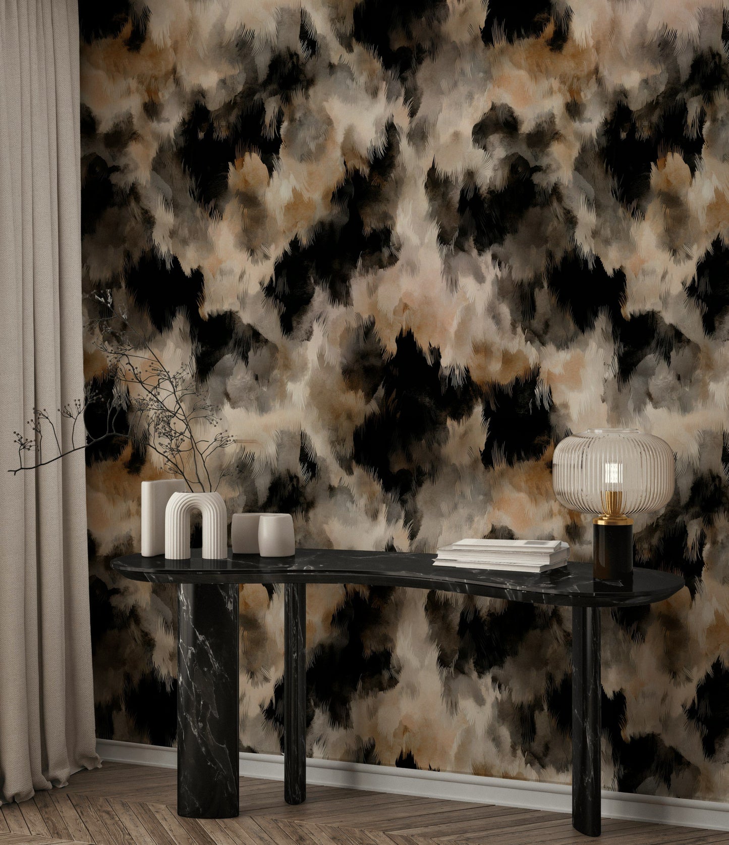 Abstract Brush Wallpaper Taupe Black Decorative Mural