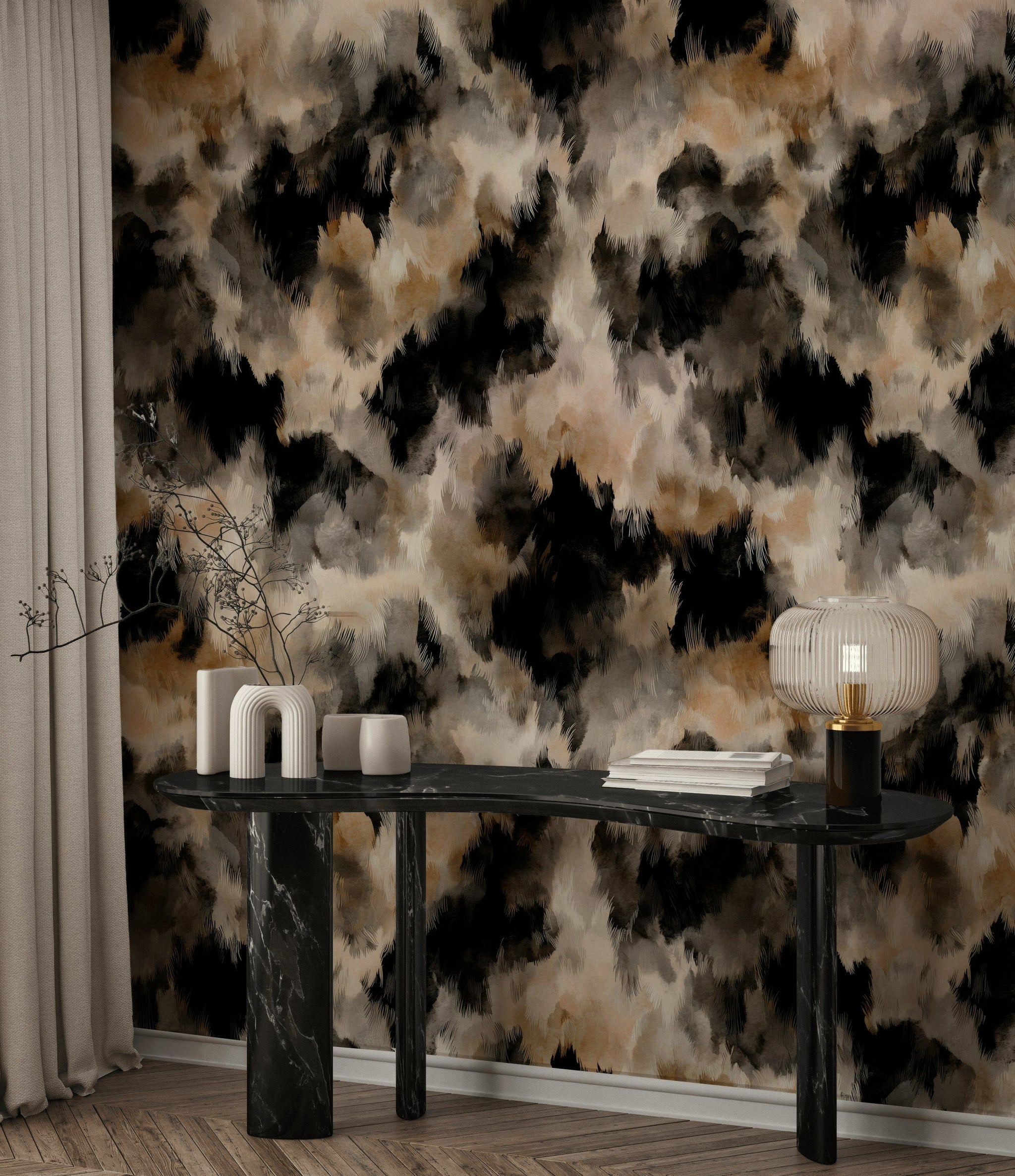 Taupe and Black Abstract Brushstroke Wallpaper