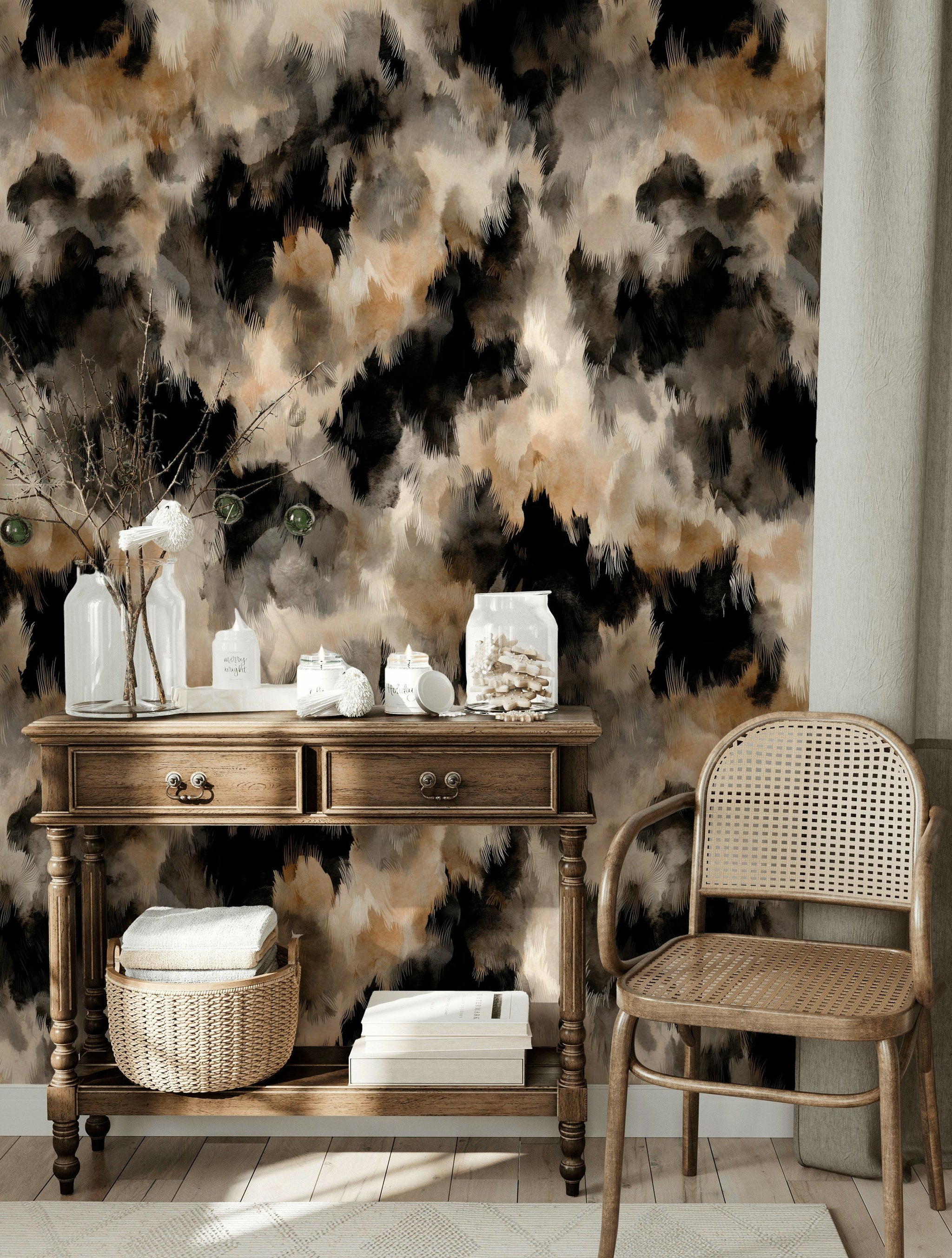 Taupe and Black Abstract Brushstroke Wallpaper