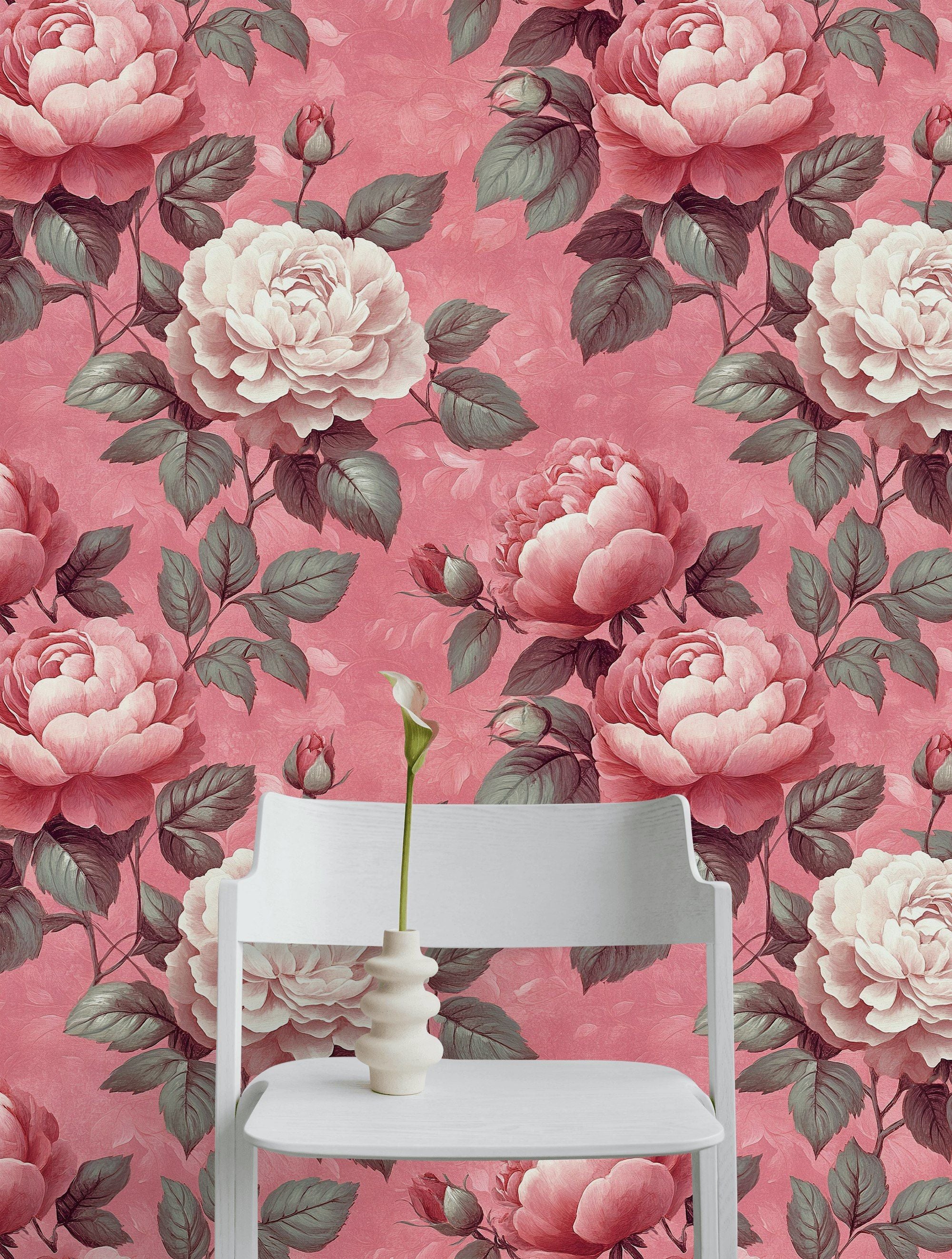 Warm Pink Large Peony Floral Wallpaper