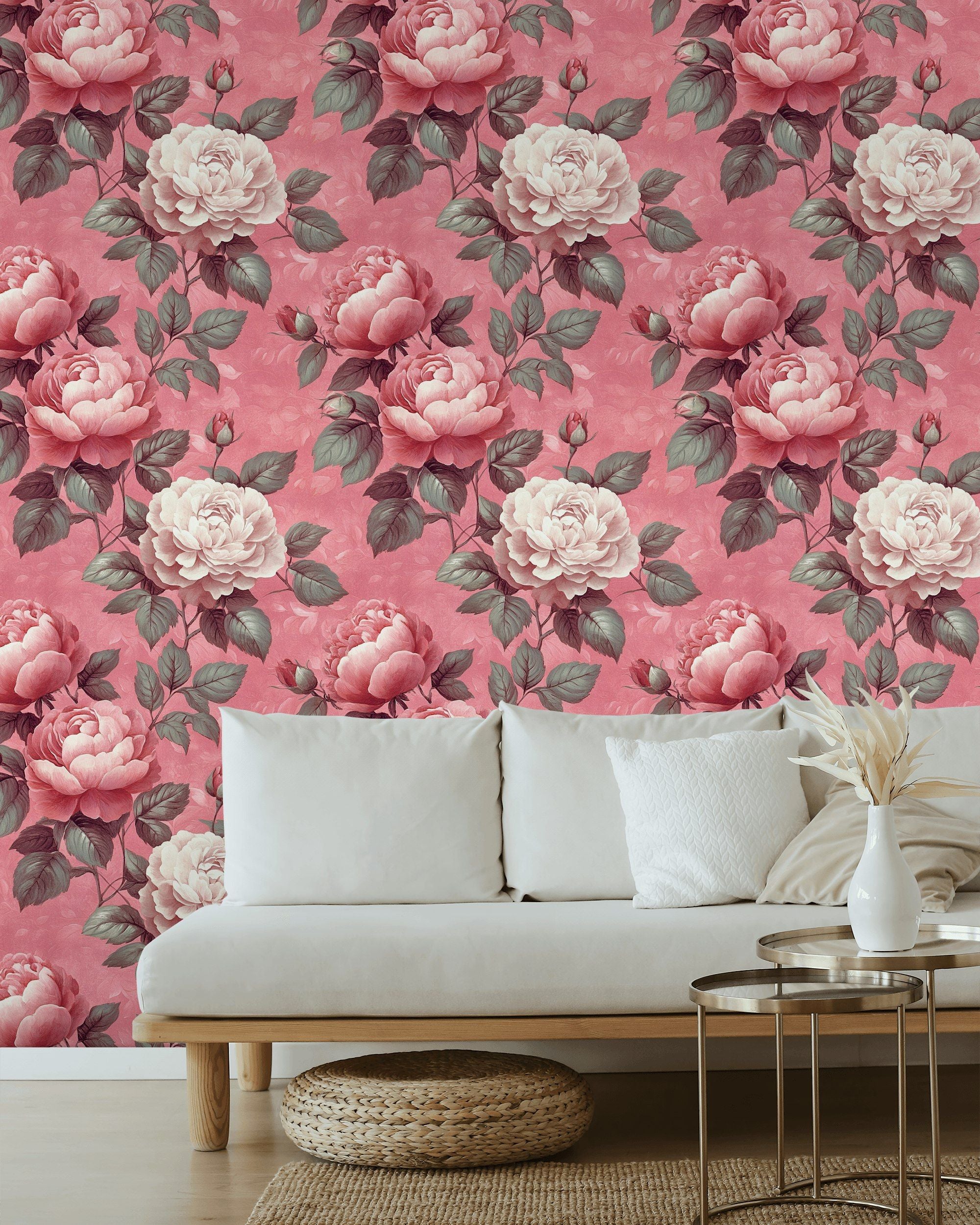 Warm Pink Large Peony Floral Wallpaper