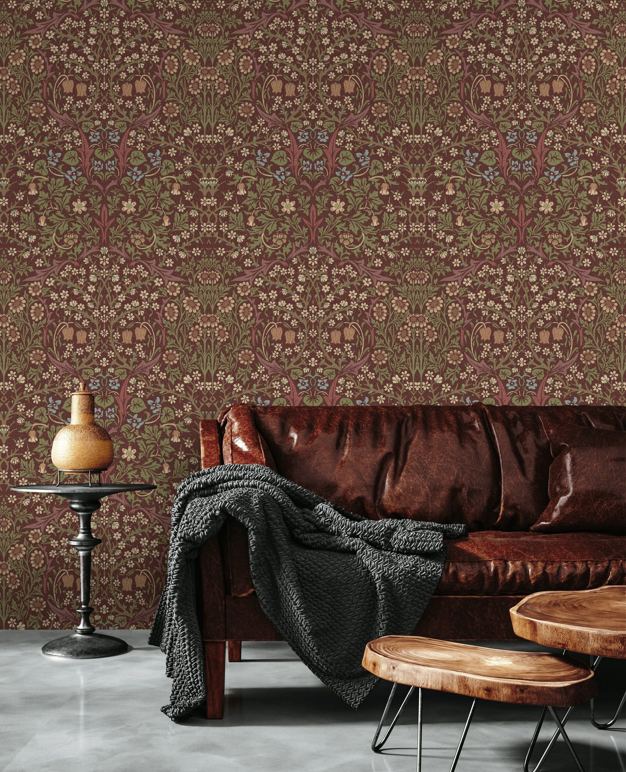Vintage Floral Wallpaper Burgundy Botanical Pattern Wall Mural