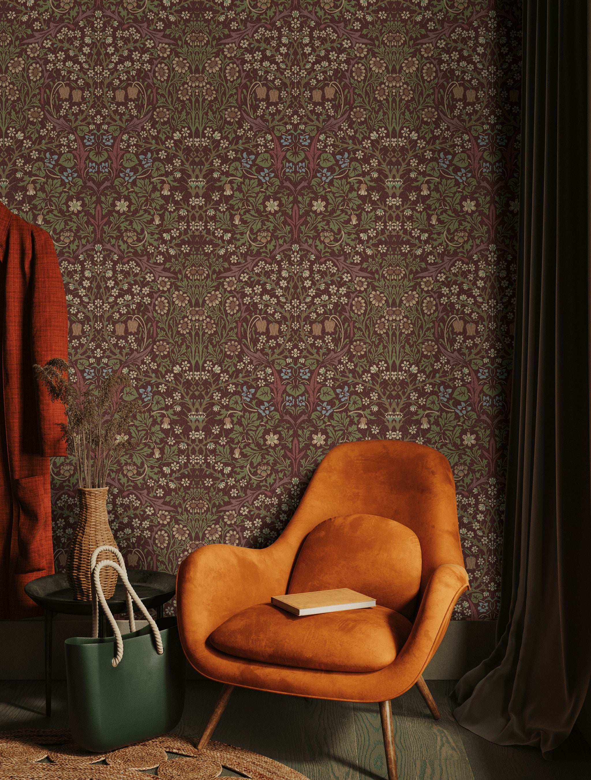 Vintage Floral Wallpaper Burgundy Botanical Pattern Wall Mural