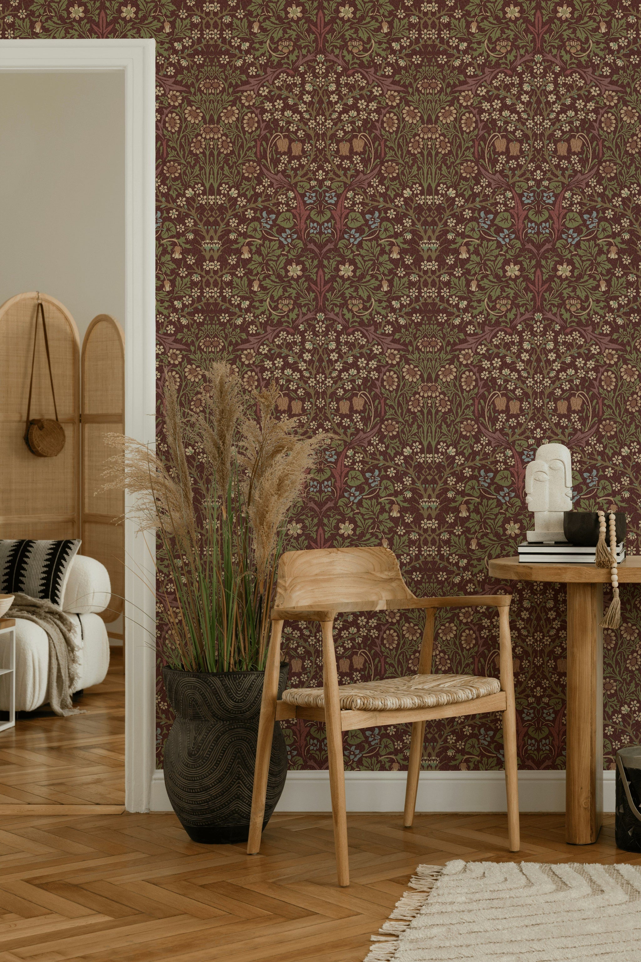 Vintage Floral Wallpaper Burgundy Botanical Pattern Wall Mural
