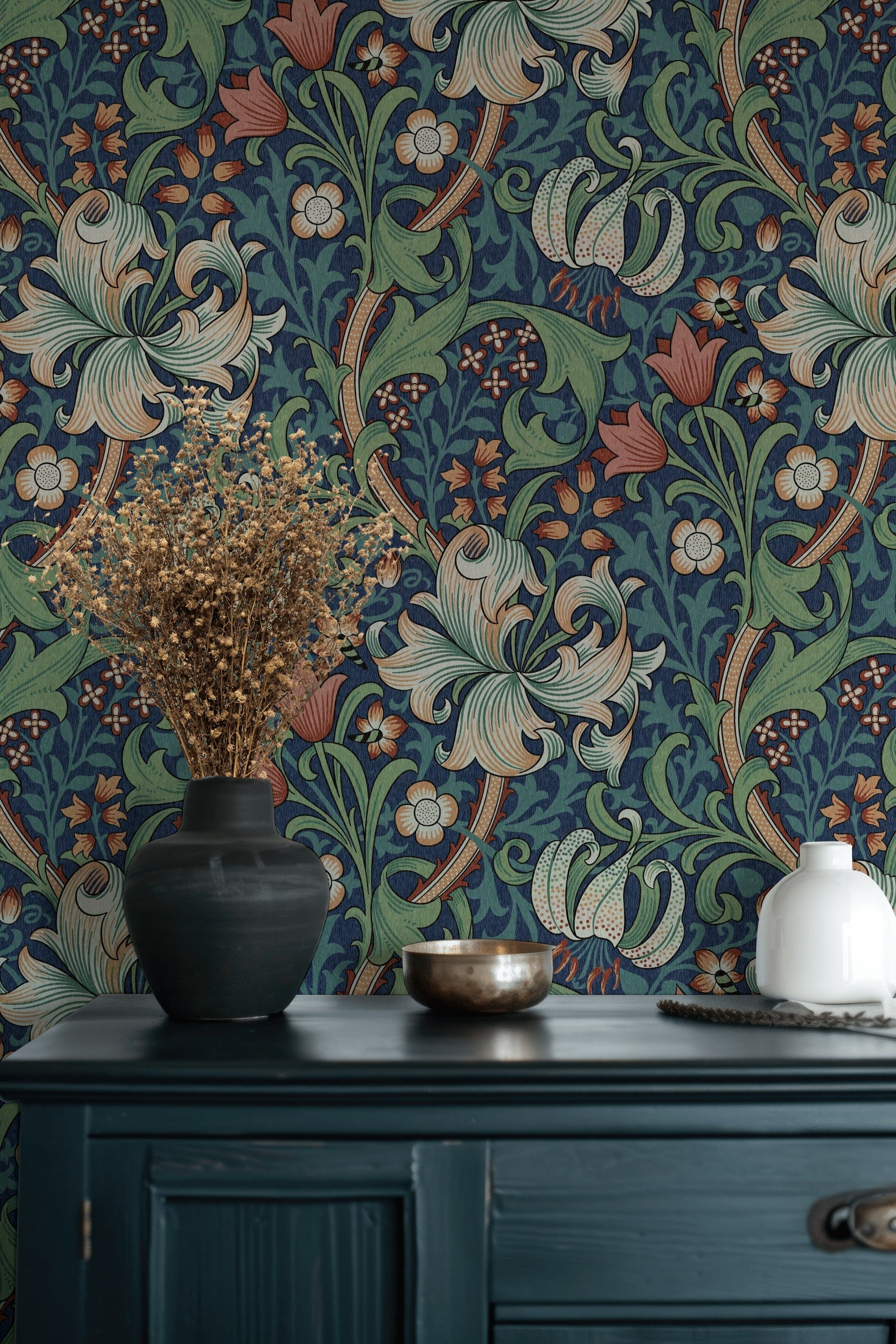 Vintage Floral Wallpaper Dark Blue Botanical Wall Mural