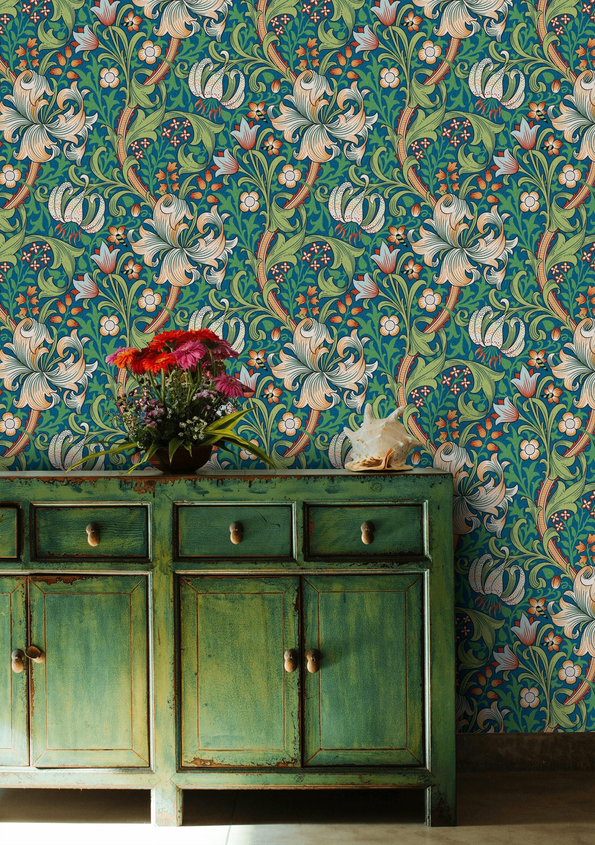 Vintage Floral Wallpaper Teal Green Botanical Pattern Wall Mural