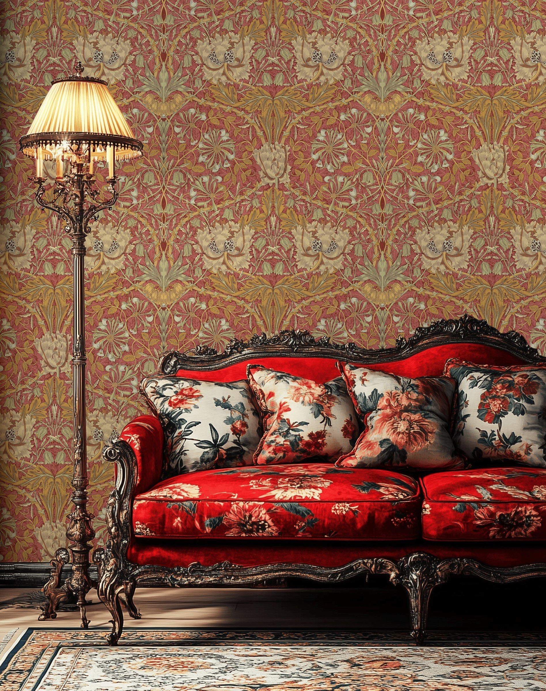 Vintage Floral Wallpaper Red Botanical Vines Wall Mural