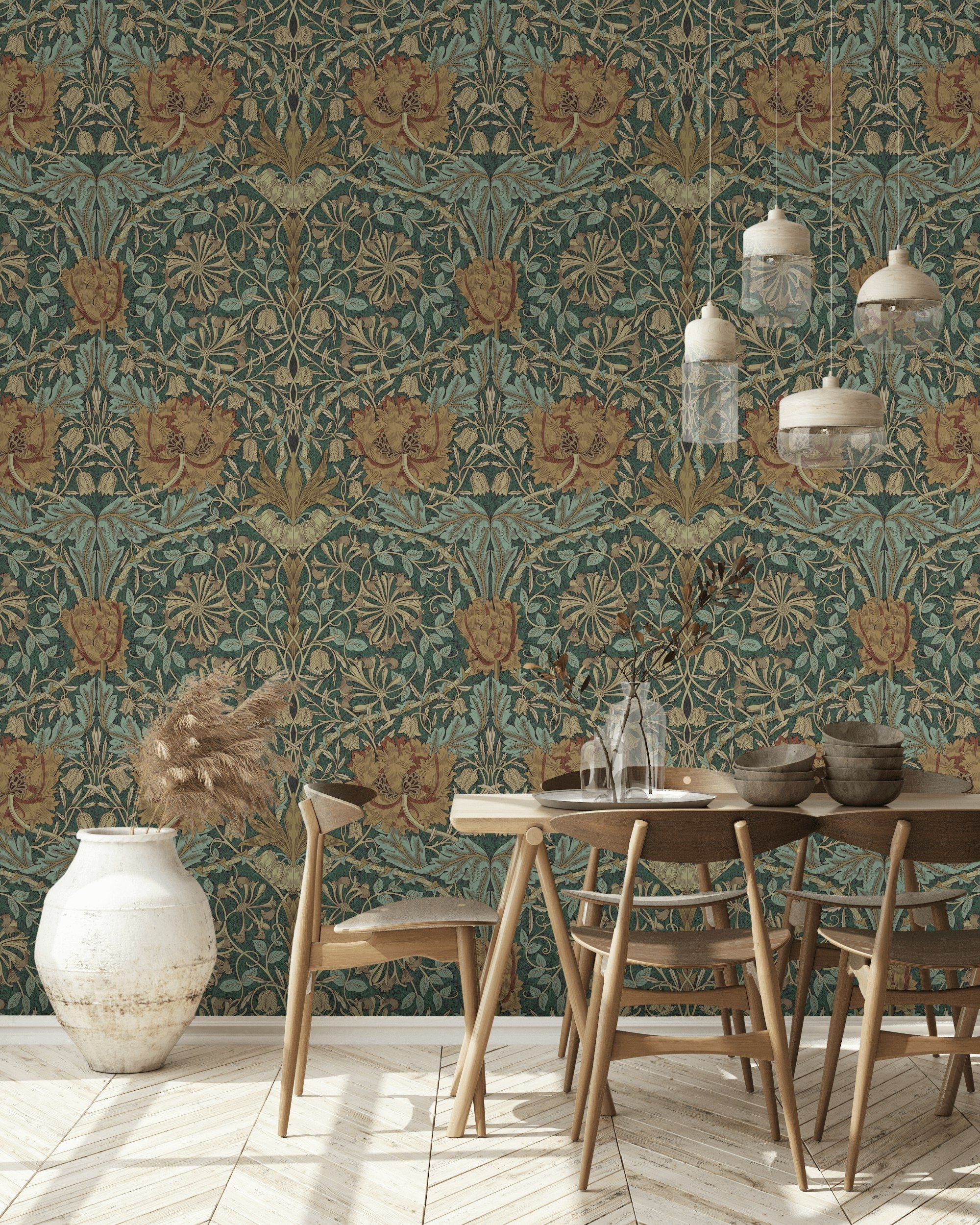 Vintage Floral Wallpaper Teal Botanical Pattern Wall Mural