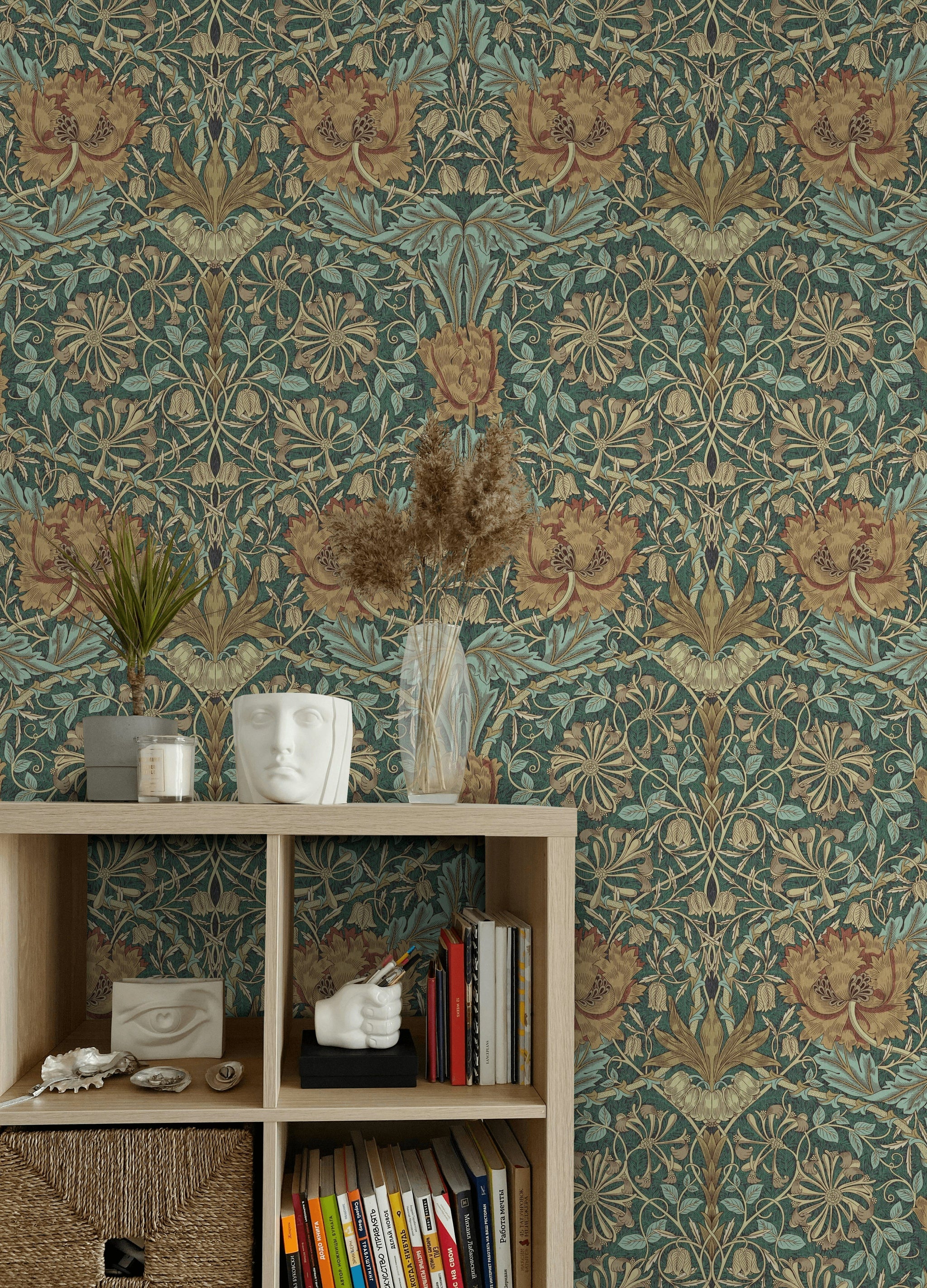 Vintage Floral Wallpaper Teal Botanical Pattern Wall Mural