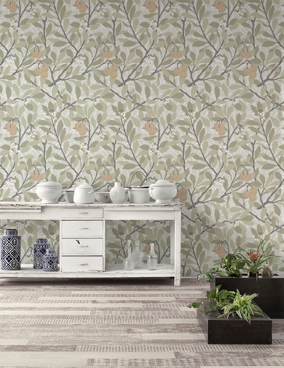Pear Branch Wallpaper Sage Green Botanical Wall Mural