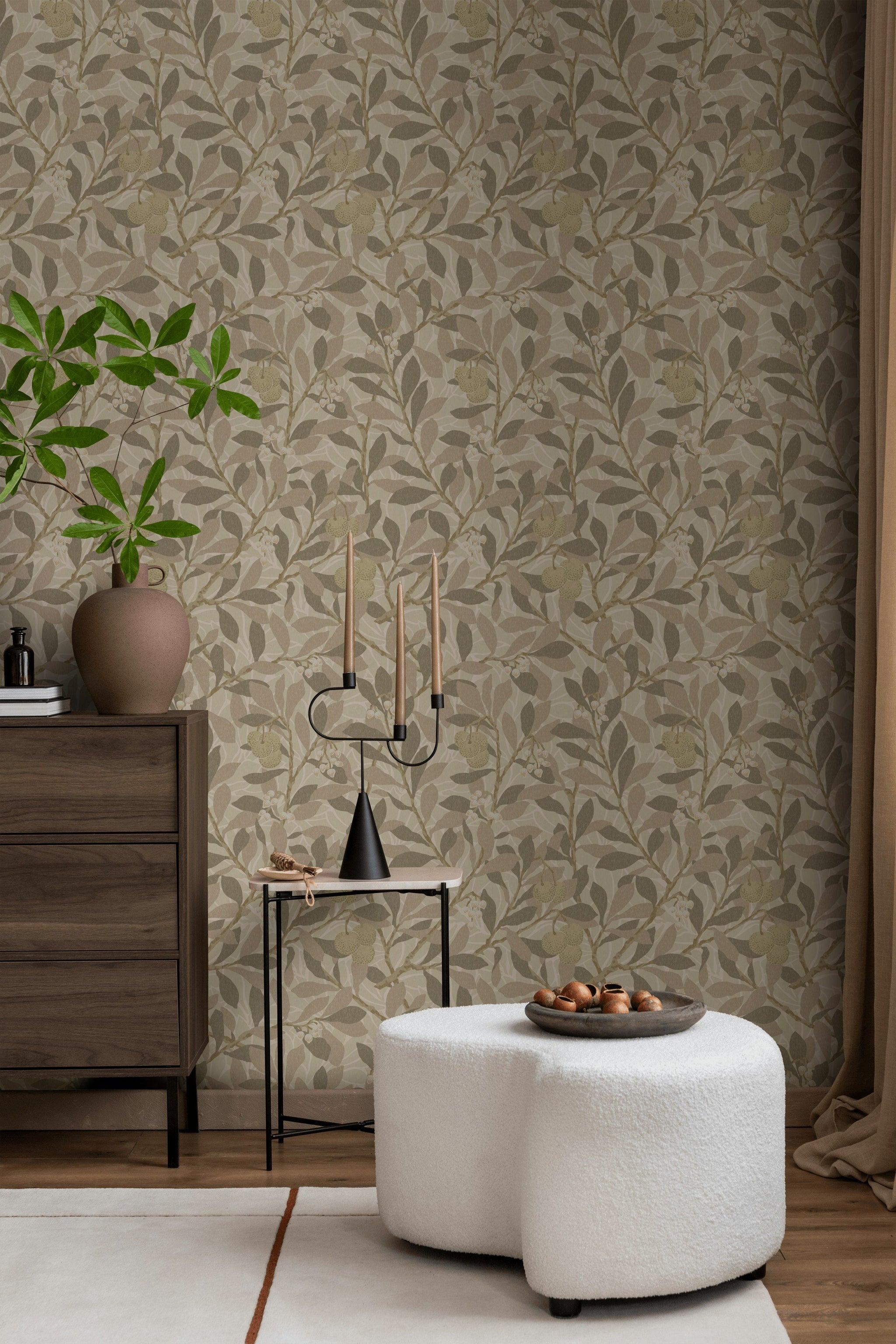 Botanical Leaf Wallpaper Neutral Branch Pattern Wall Mural