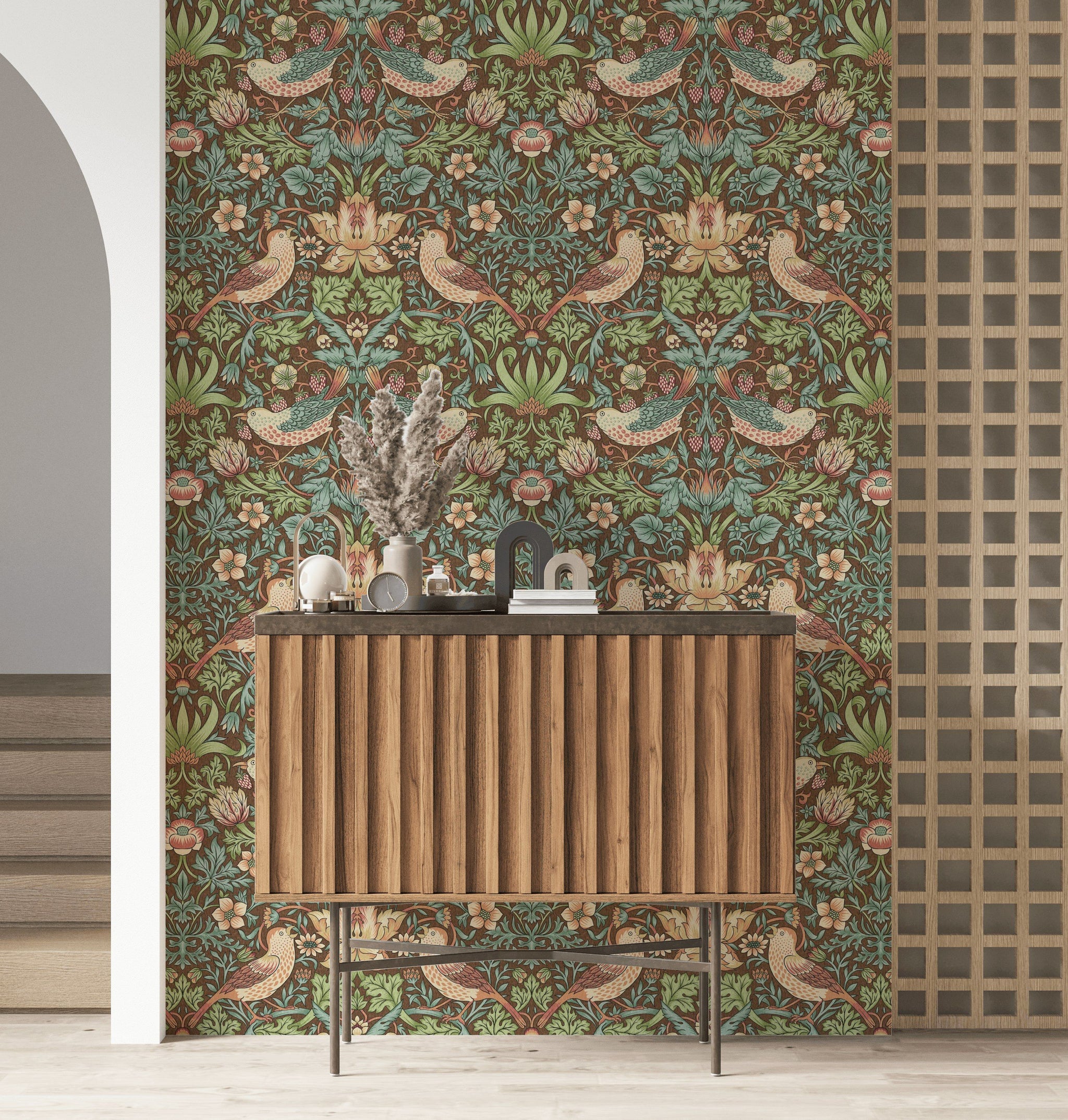 Vintage Bird and Floral Wallpaper Dark Green Wall Mural