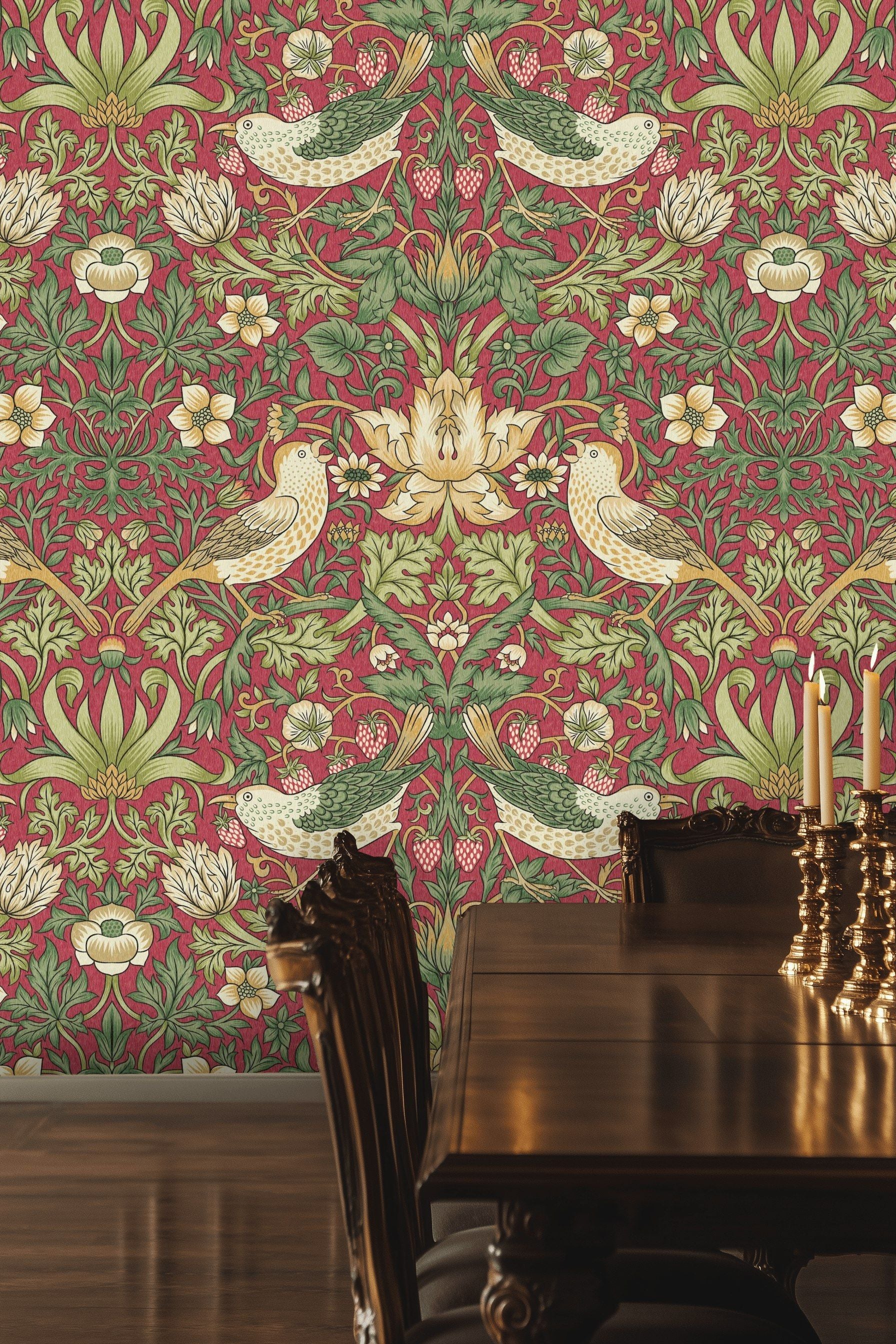 Vintage Bird Floral Wallpaper Red Botanical Pattern Wall Mural