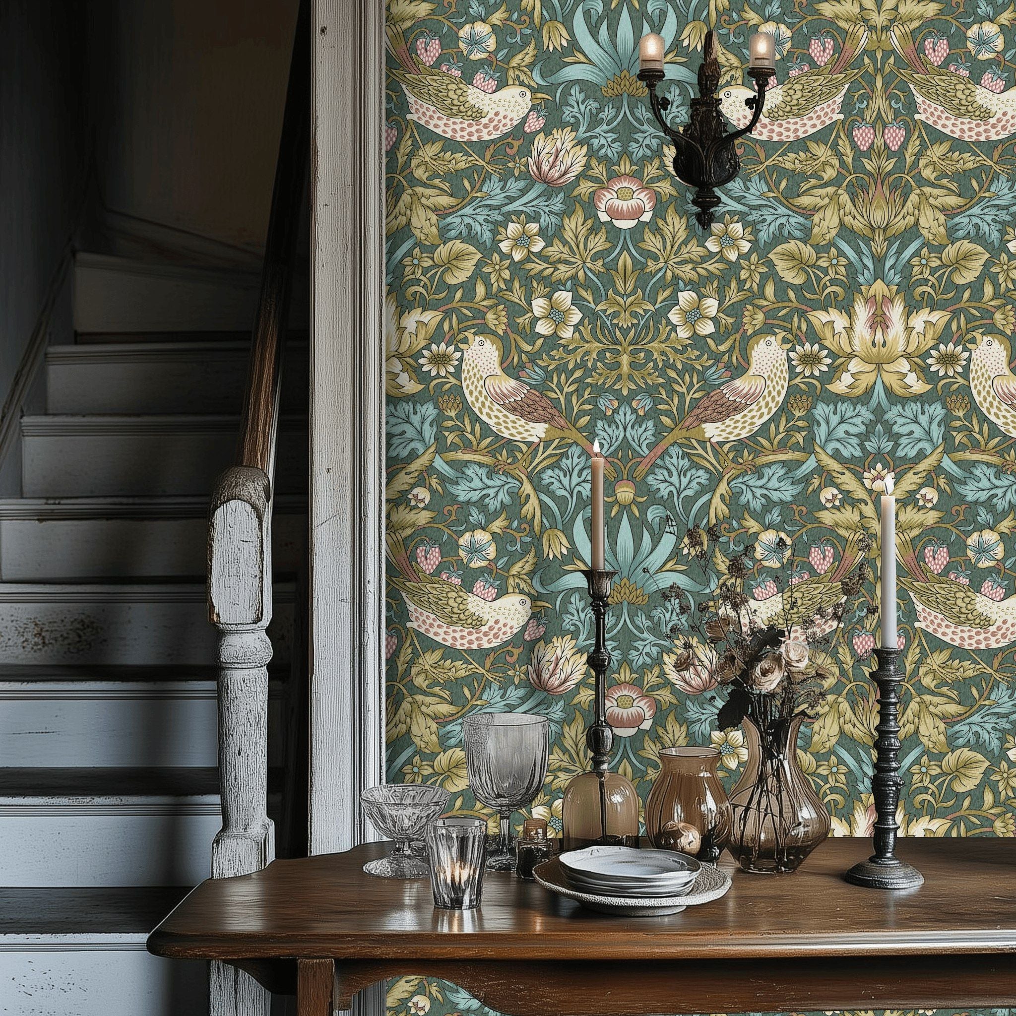 Bird and Floral Wallpaper Vintage Teal Garden Wall Mural