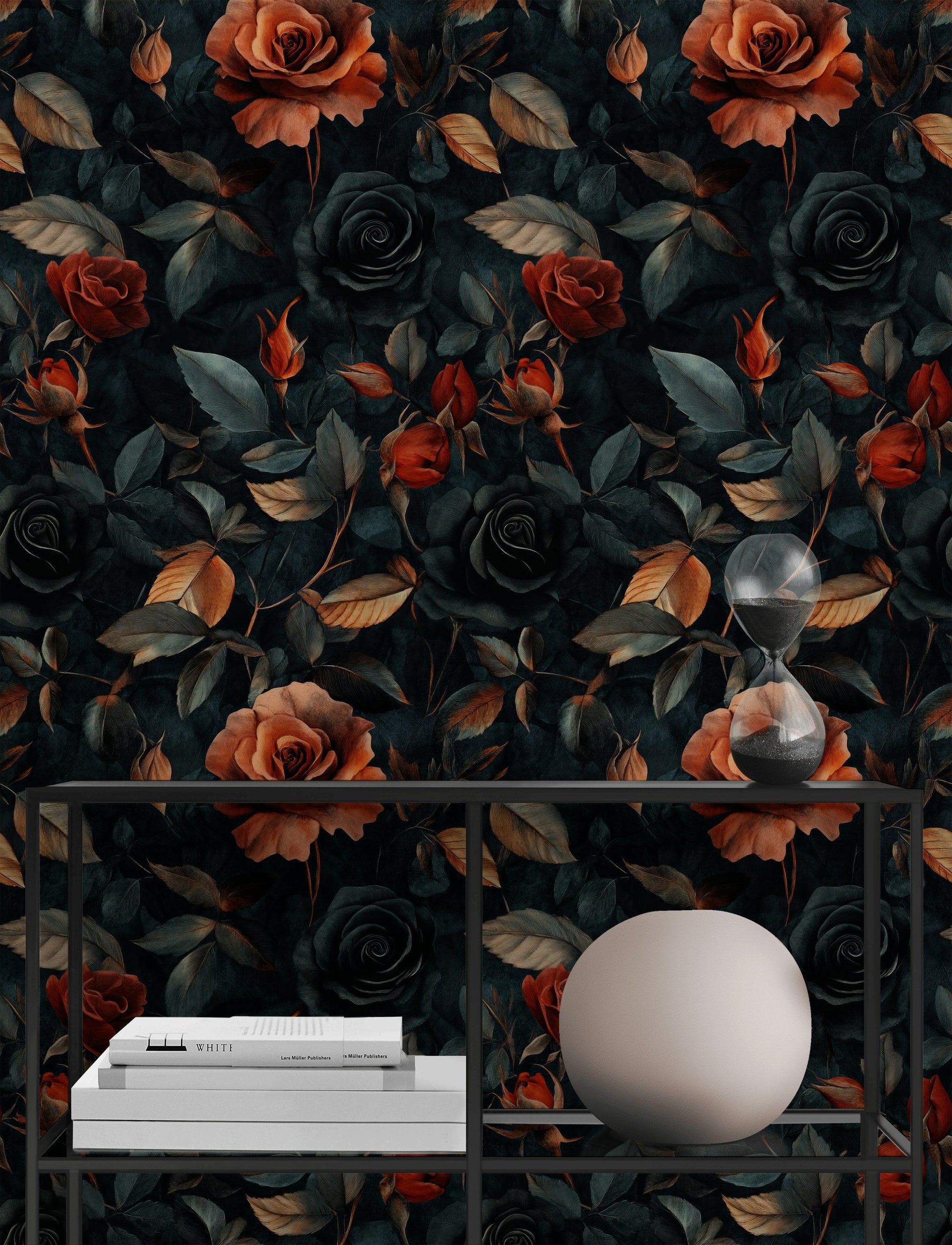 Moody Black and Burnt Orange Rose Floral Wallpaper