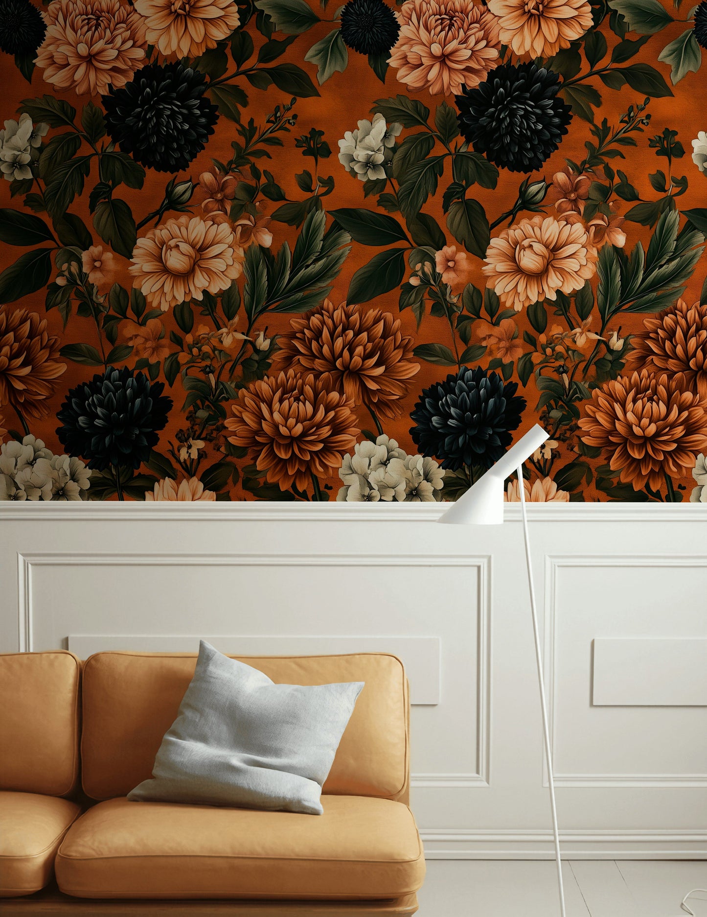 Burnt Orange Wallpaper Black Dahlia Autumn Floral Wall Mural