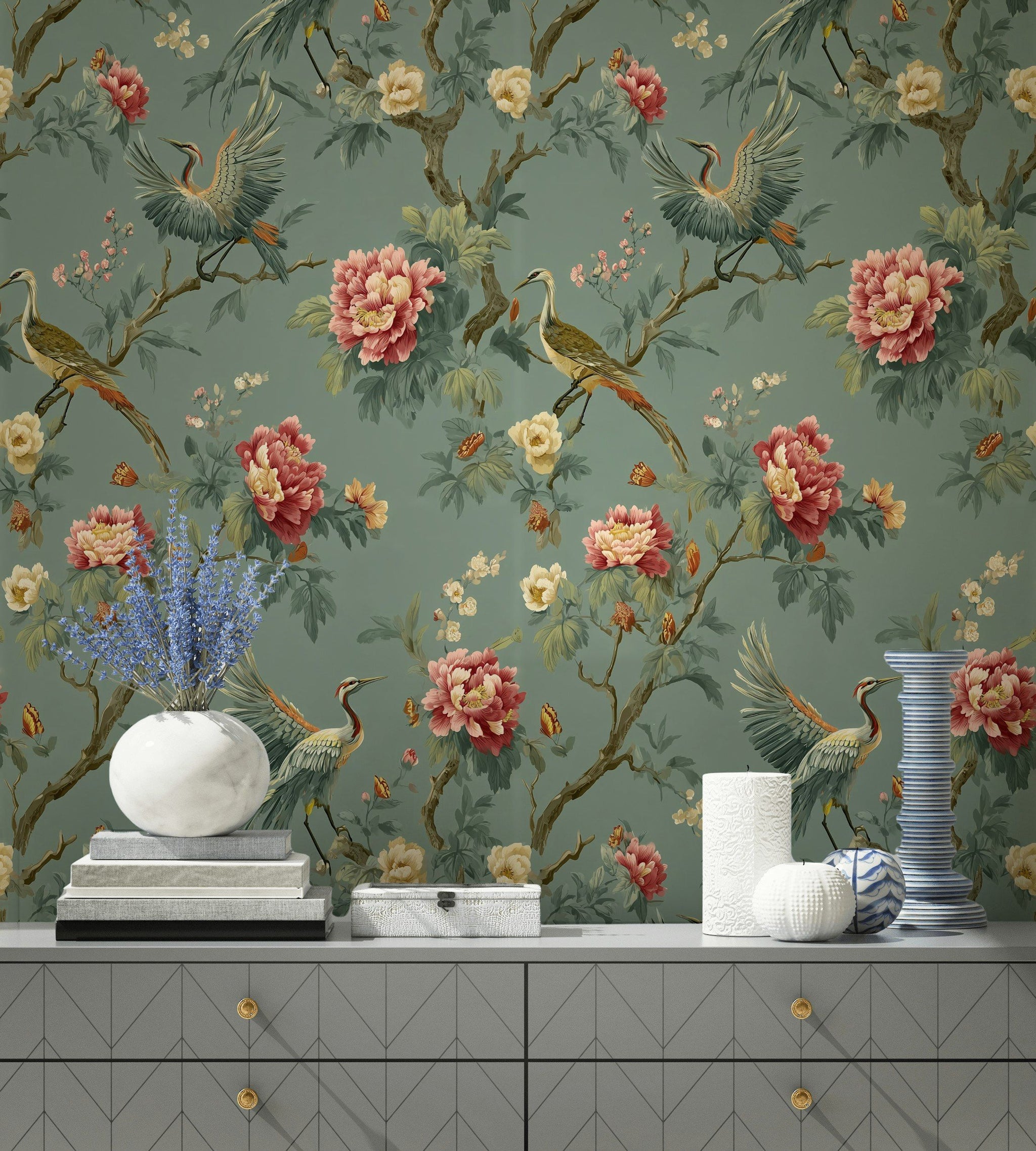 Deep Sage Green Peony and Crane Wallpaper