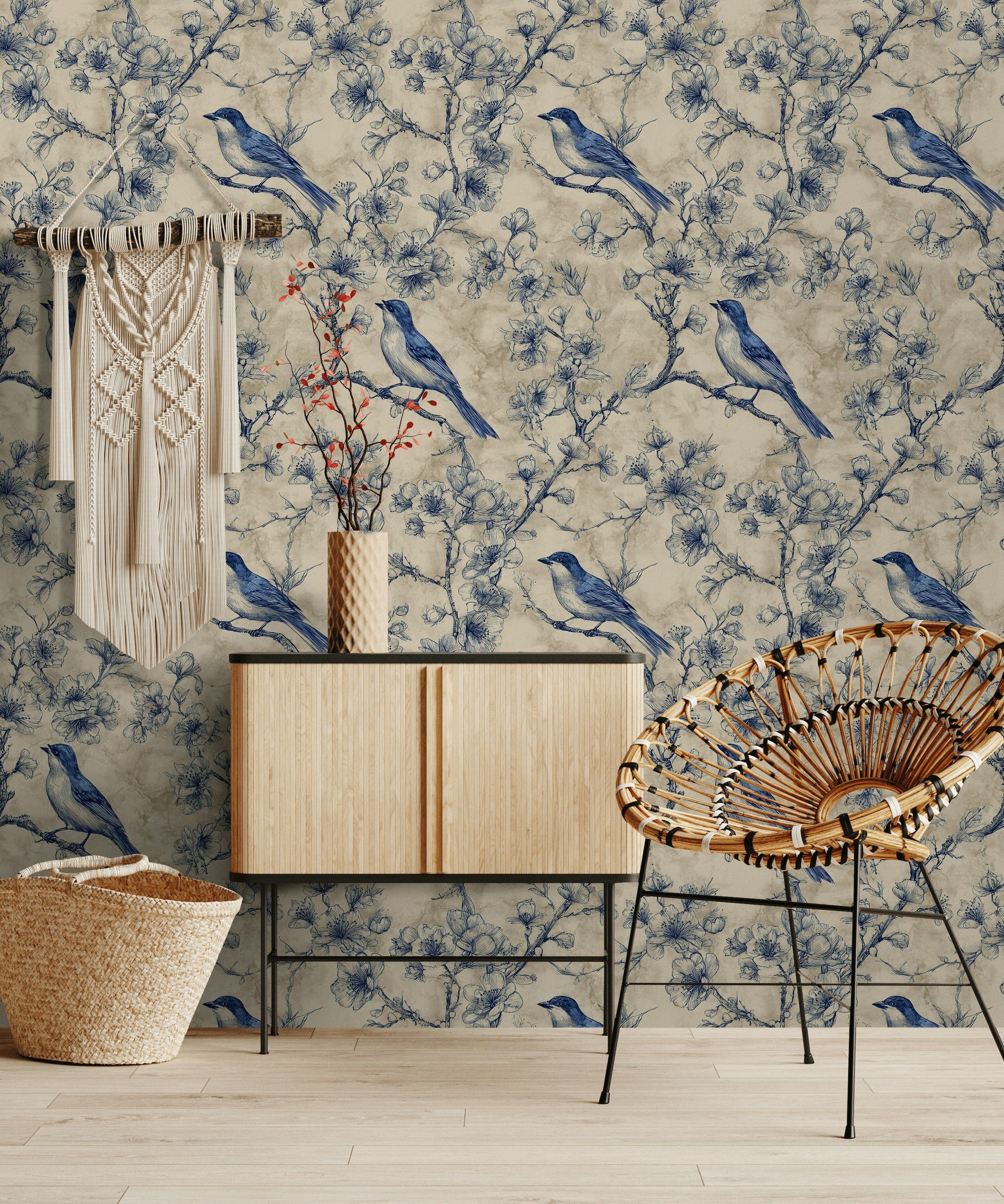 Beige and Blue Bird Botanical Pattern Wallpaper