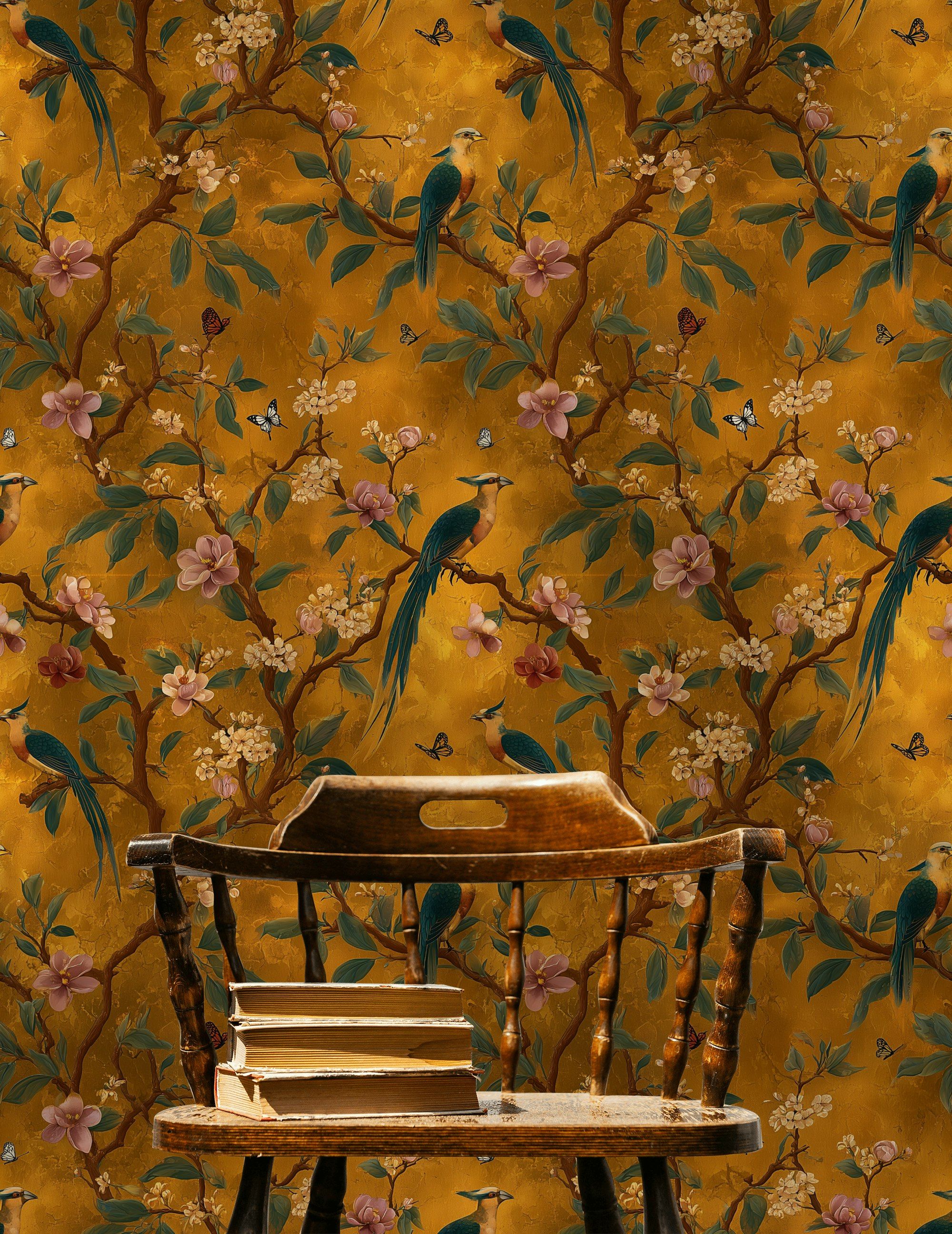 Golden Look Floral and Bird Vintage Wallpaper