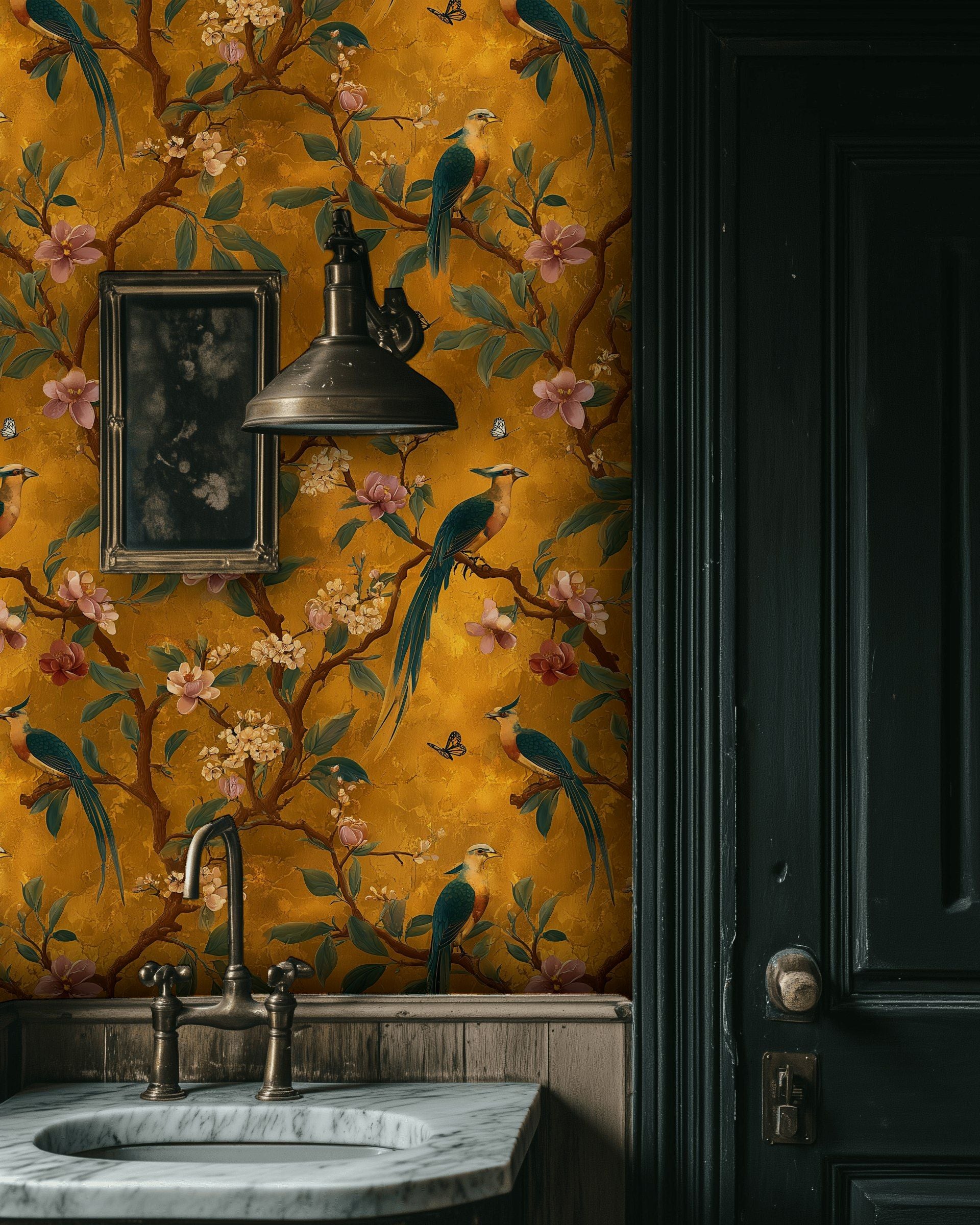 Golden Look Floral and Bird Vintage Wallpaper