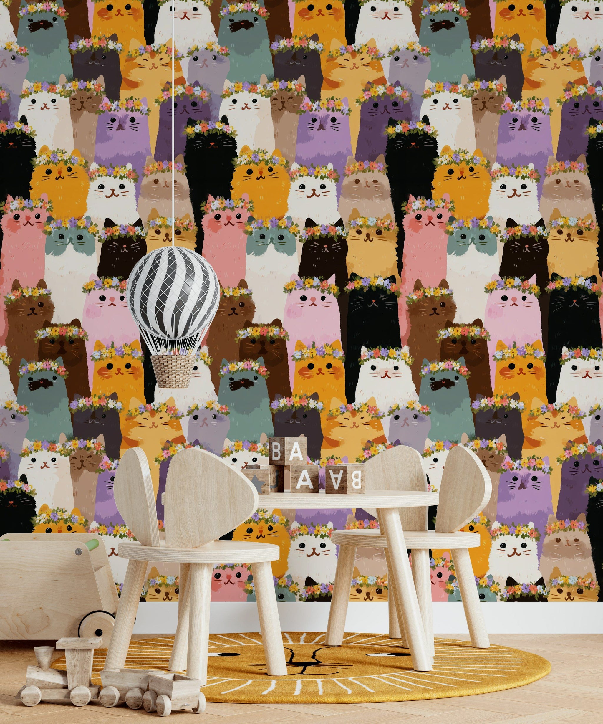 Multicolor Floral Crown Cat Pattern Wallpaper