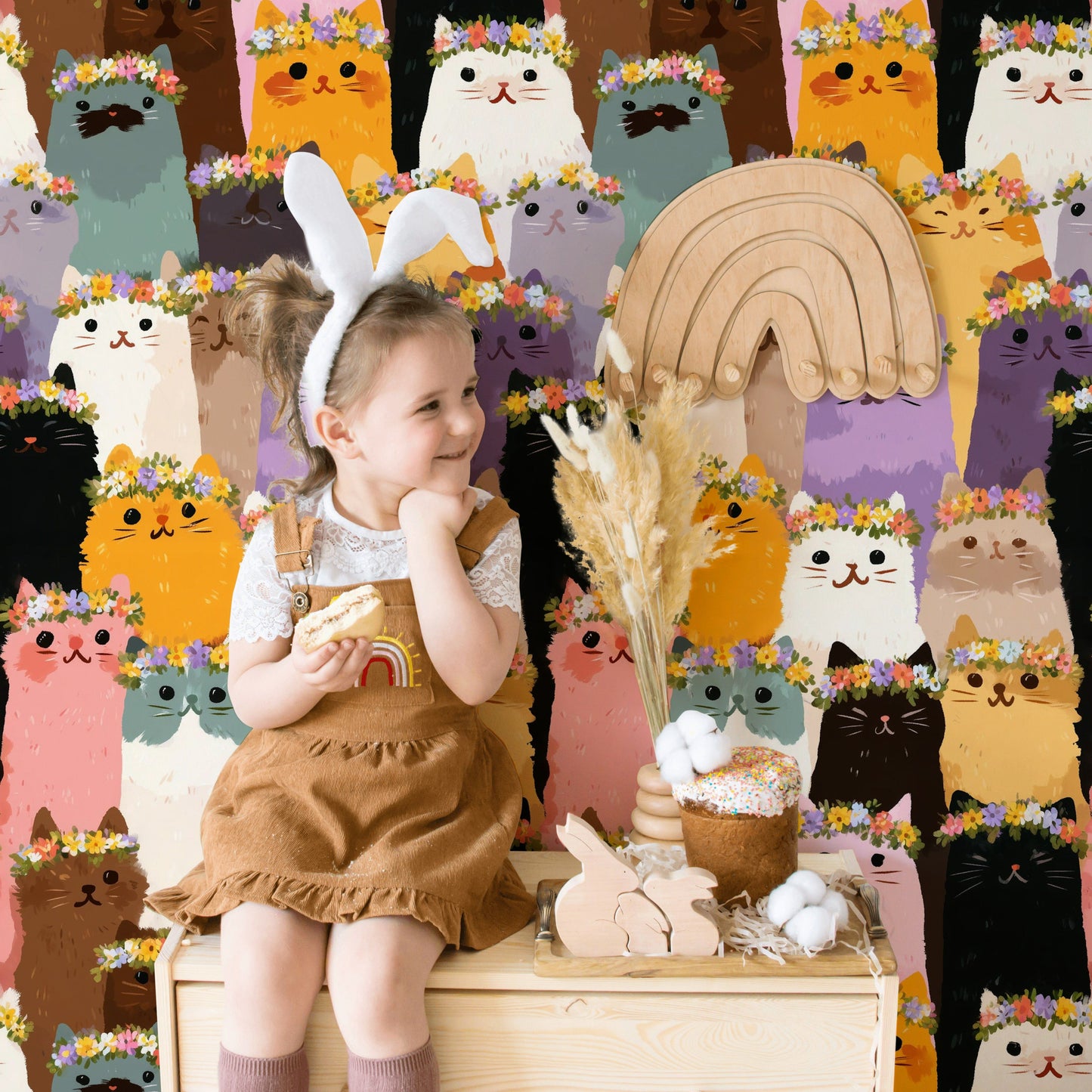 Cat Wallpaper Floral Crown Decorative Mural