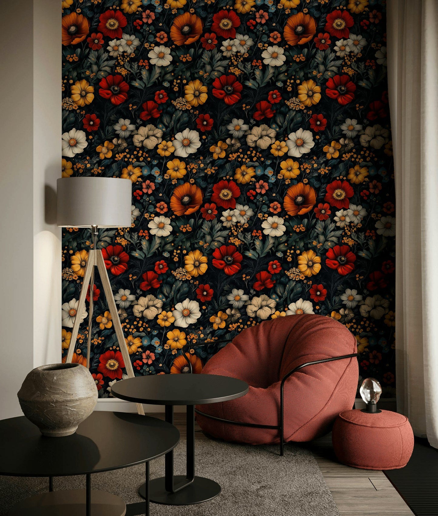 Wildflower Garden Wallpaper Red Yellow Decorative Mural
