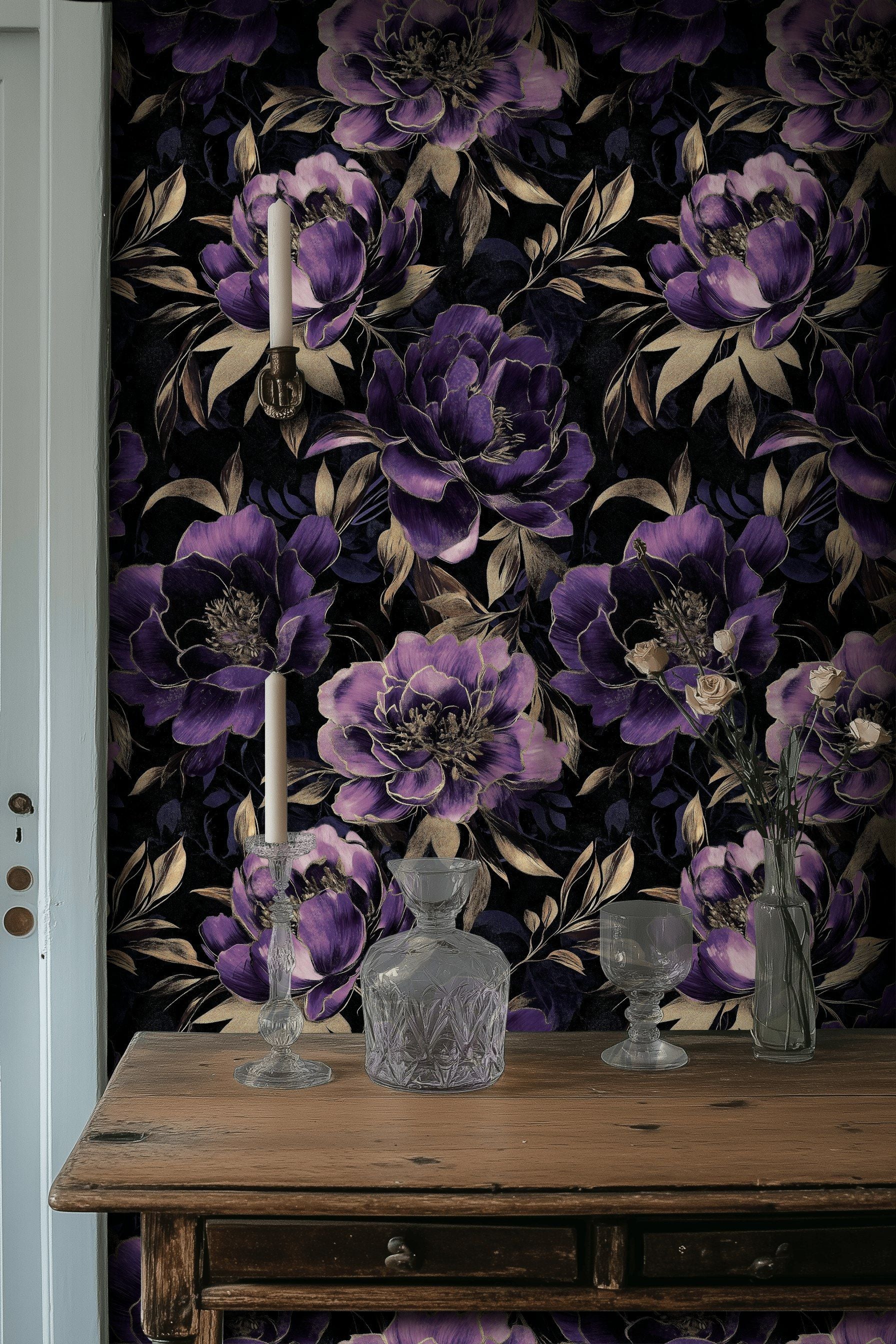 Midnight Purple Peony Floral Wallpaper