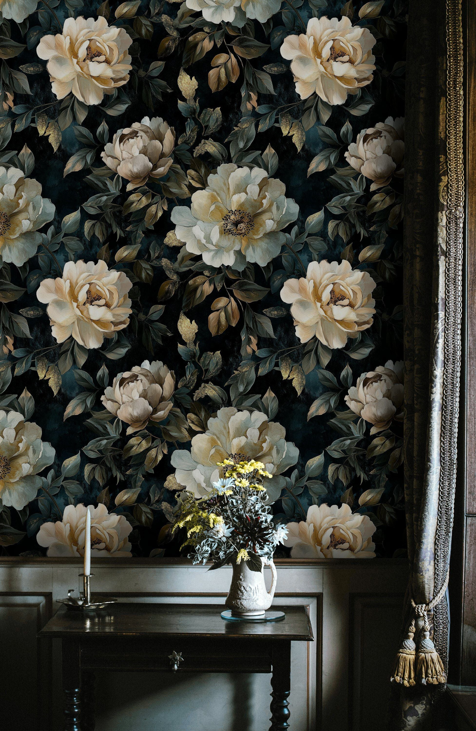 Deep Black Vintage Peony Floral Wallpaper