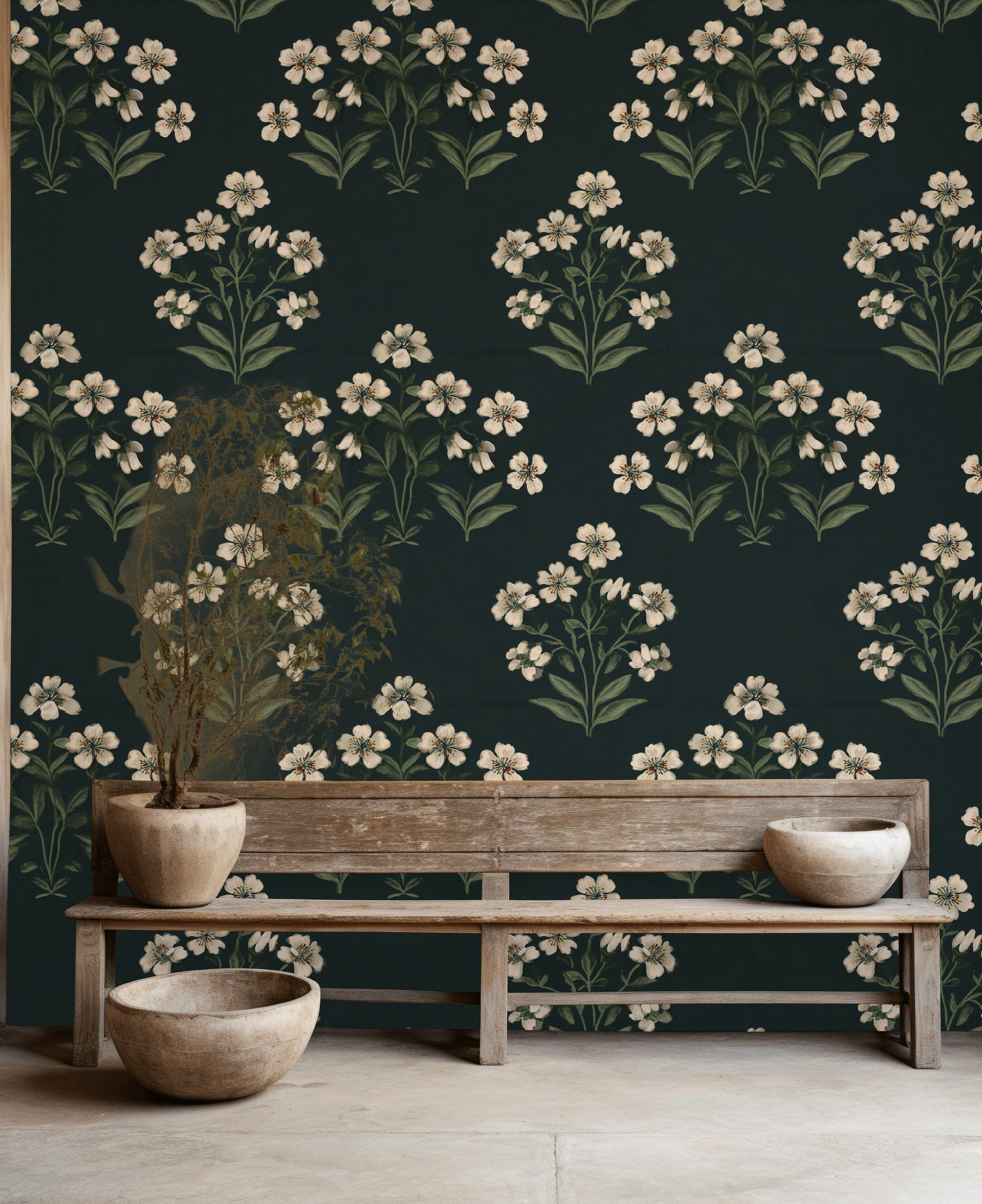 Cream Cherry Blossom Pattern on Black Wallpaper