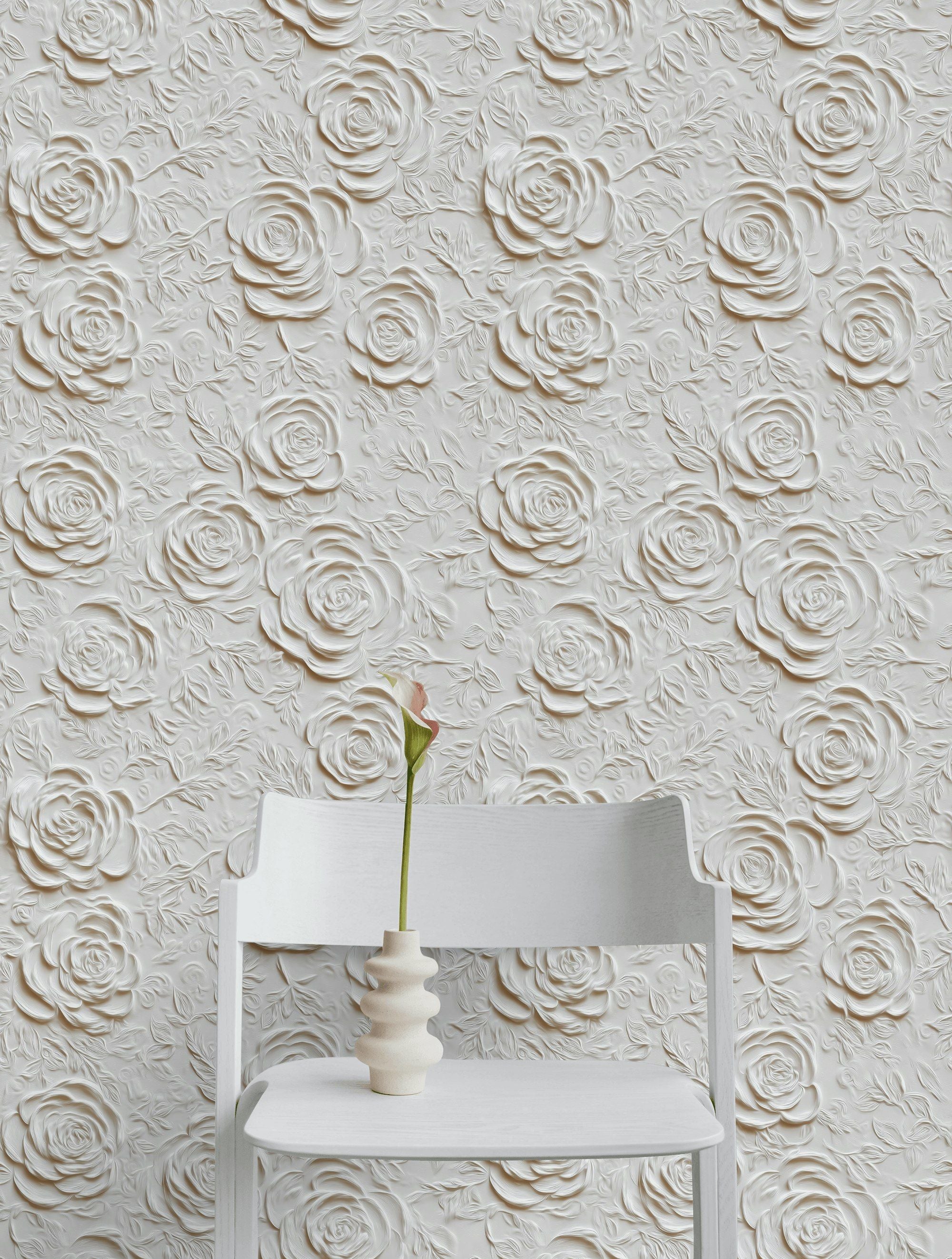 Beige Embossed Rose Floral Wallpaper