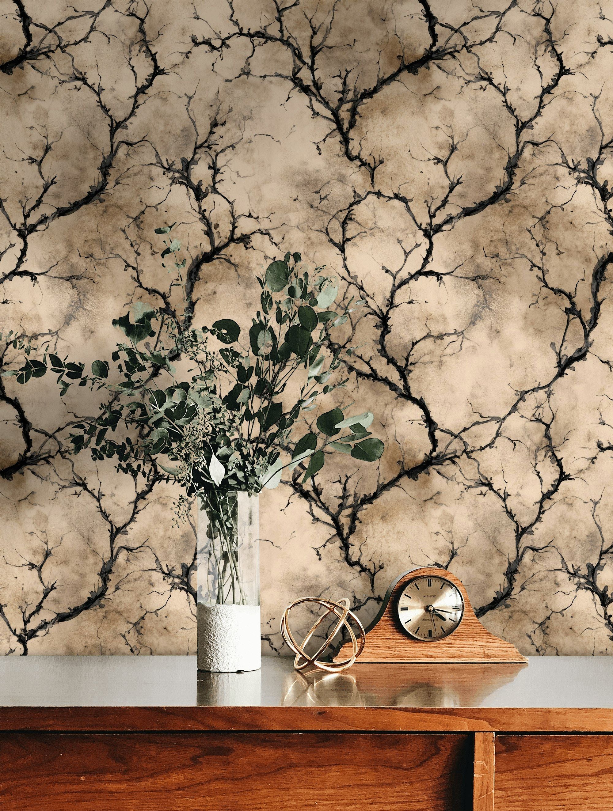Beige and Black Abstract Branch Pattern Wallpaper