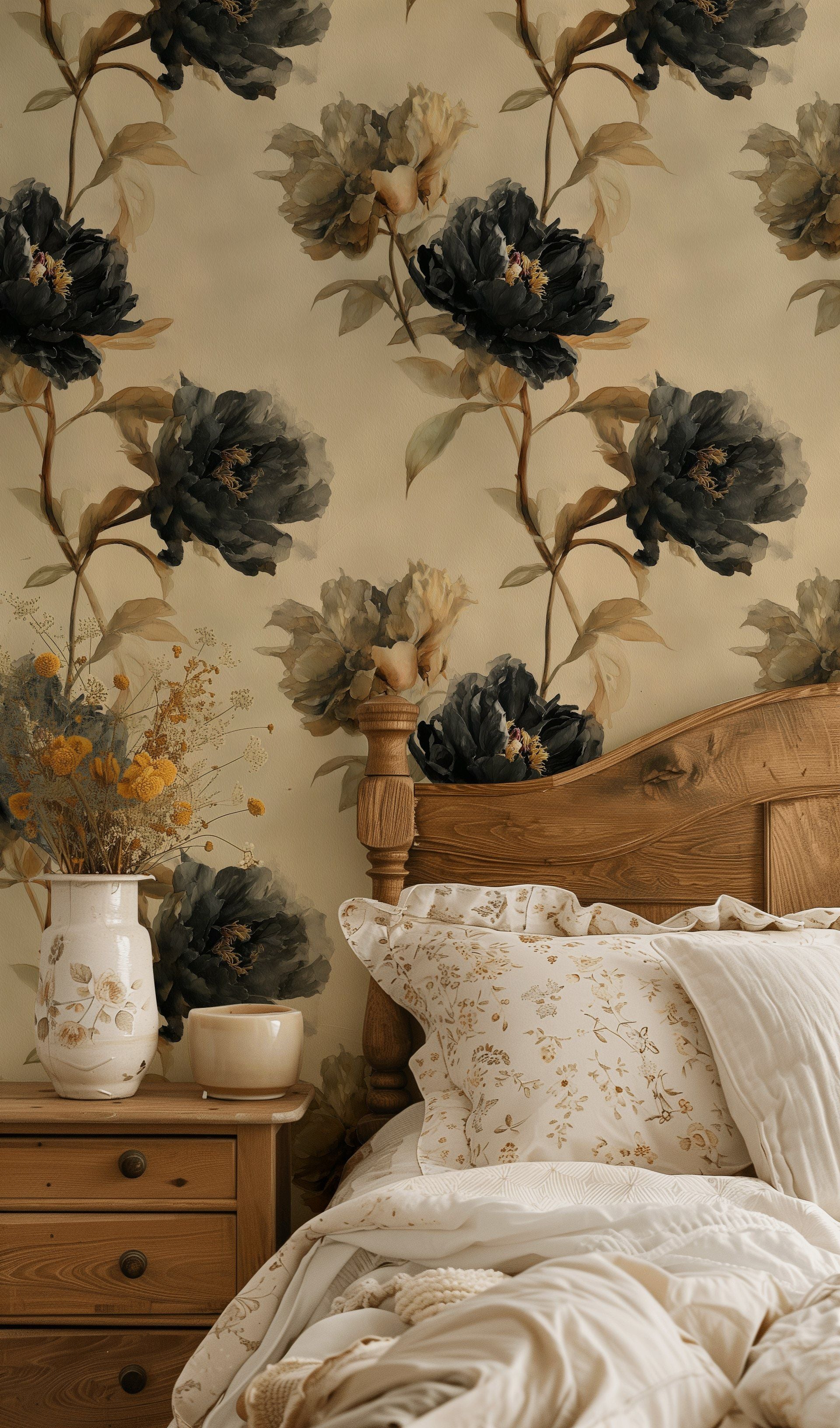 Elegant Beige and Black Peony Floral Wallpaper