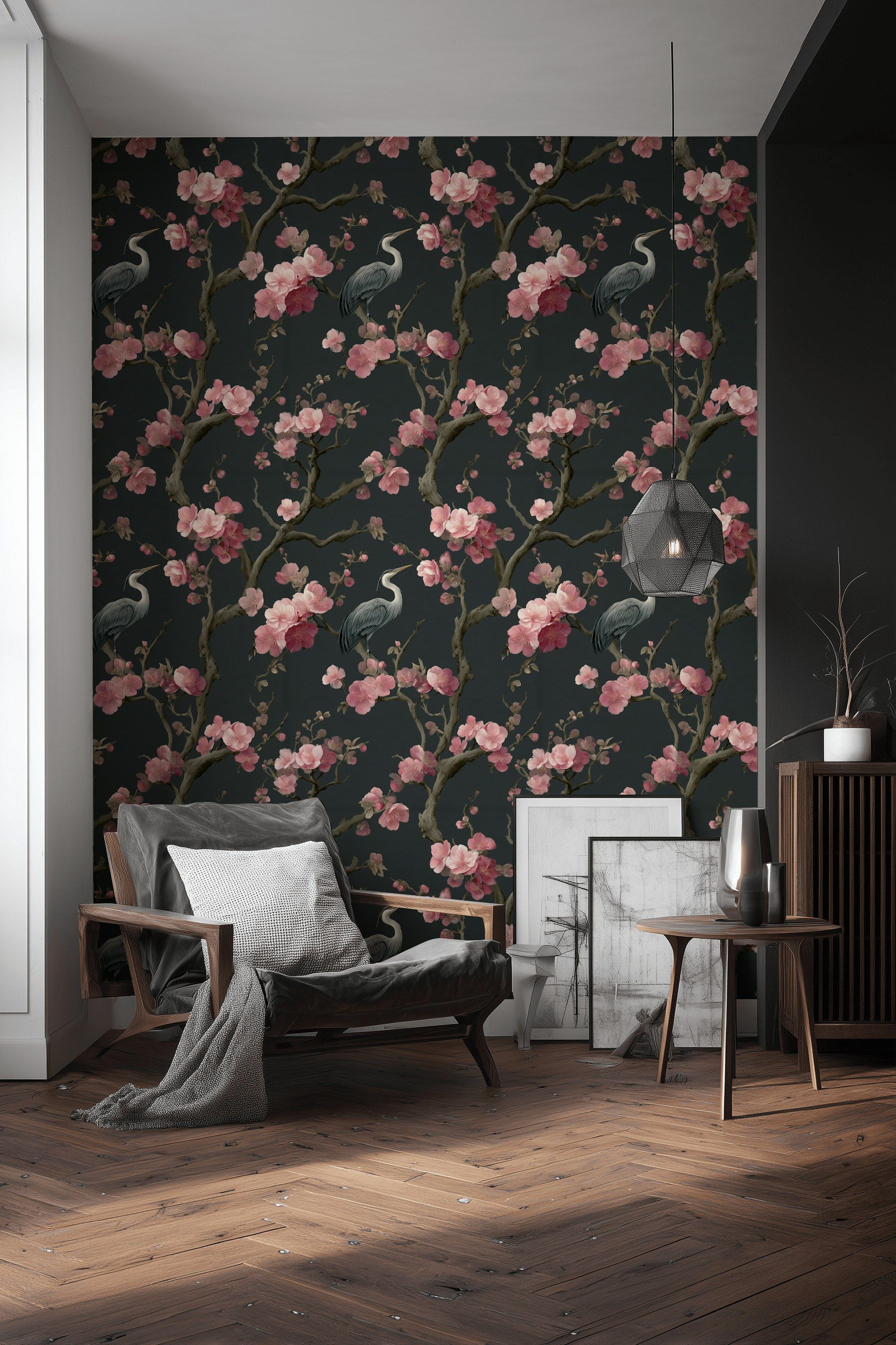 Dark Charcoal Cherry Blossom and Heron Wallpaper
