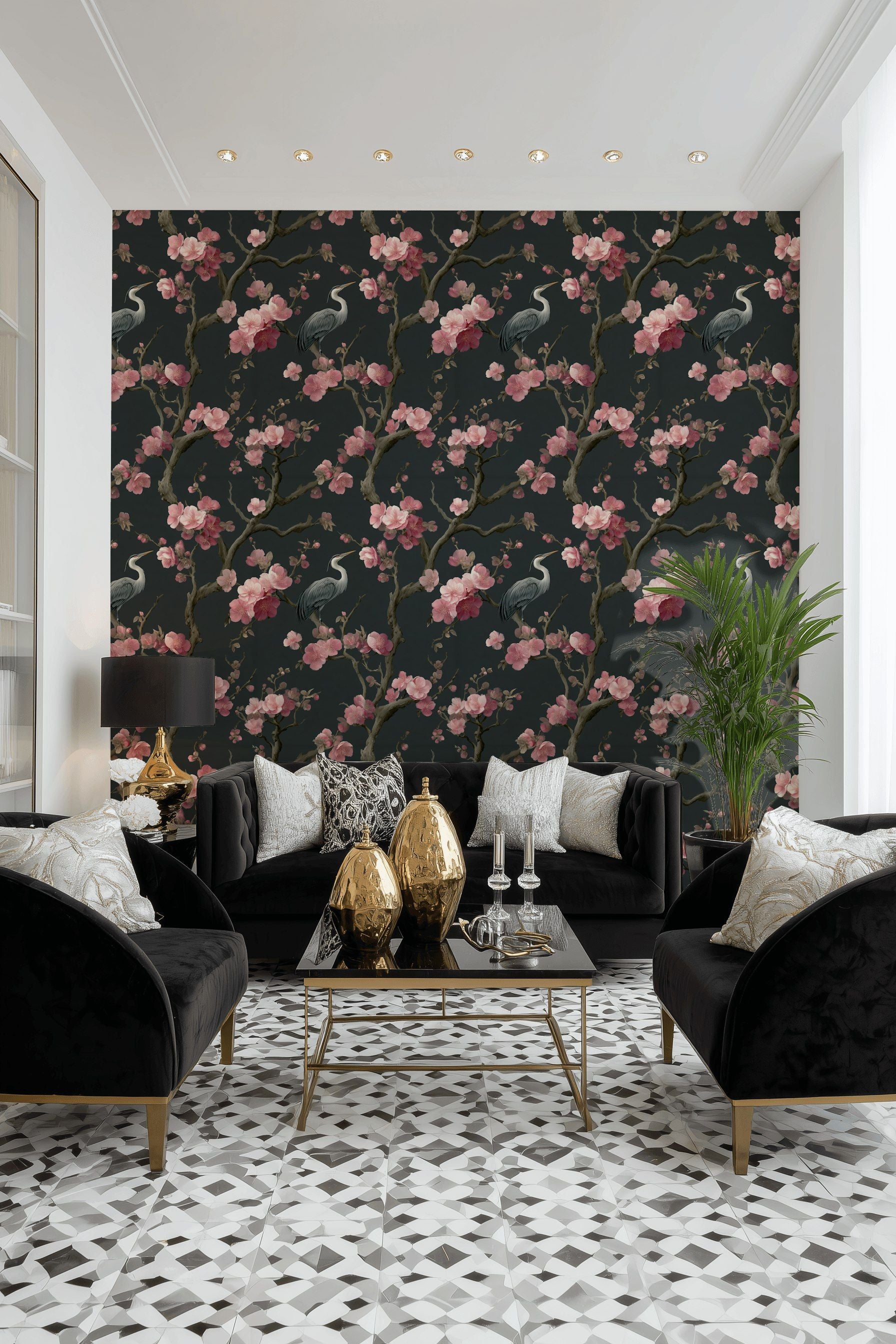 Dark Charcoal Cherry Blossom and Heron Wallpaper