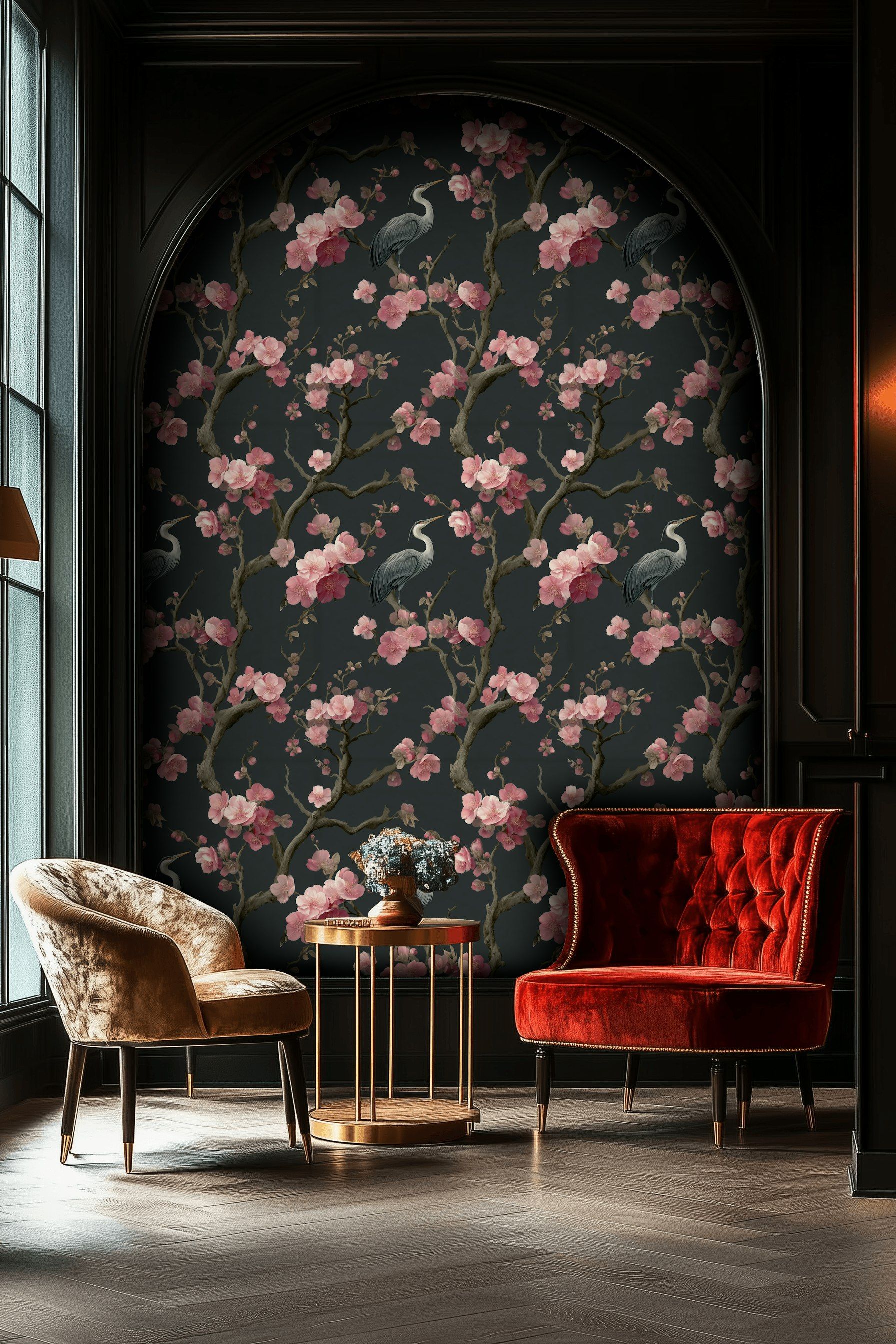 Dark Charcoal Cherry Blossom and Heron Wallpaper