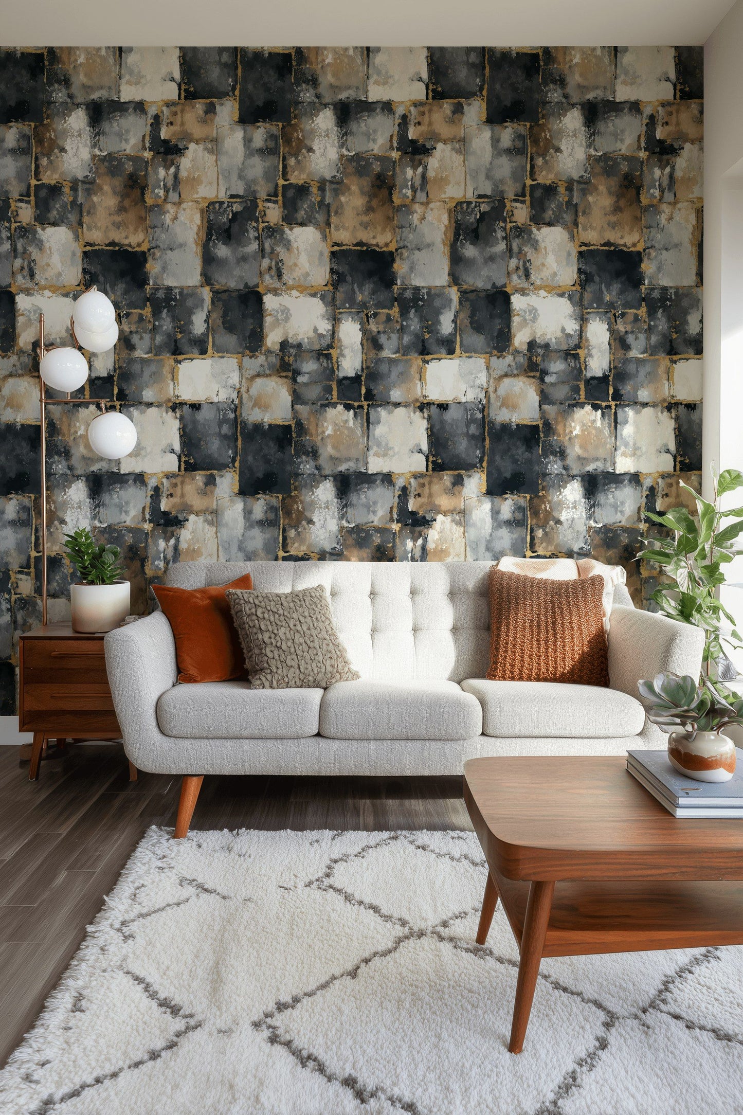 Stone Block Wallpaper Gold Accent Removable Wall Decor