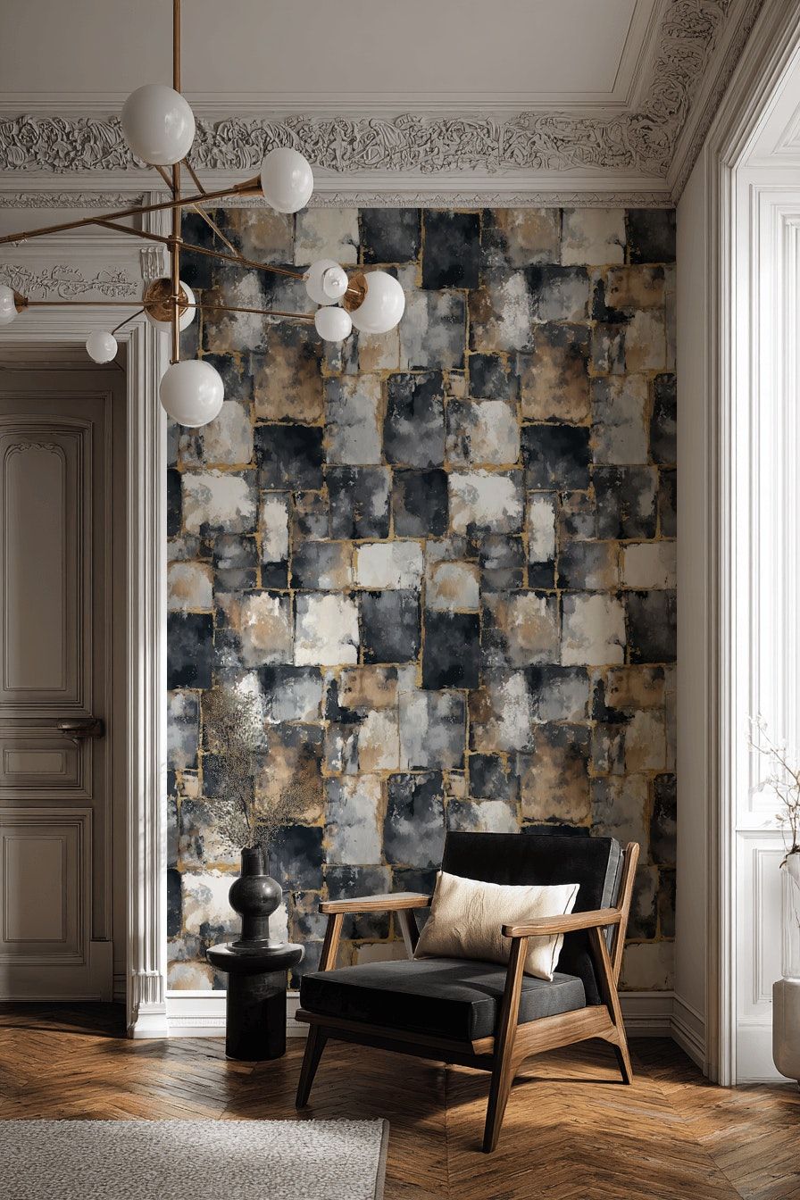 Stone Block Wallpaper Gold Accent Removable Wall Decor