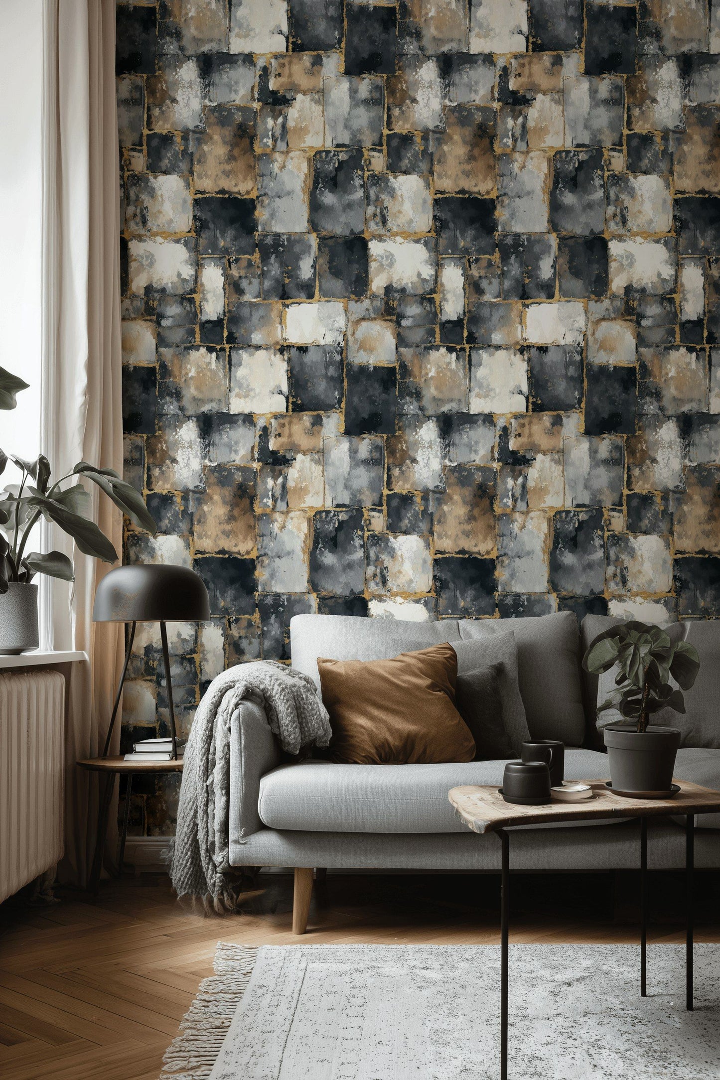 Stone Block Wallpaper Gold Accent Removable Wall Decor