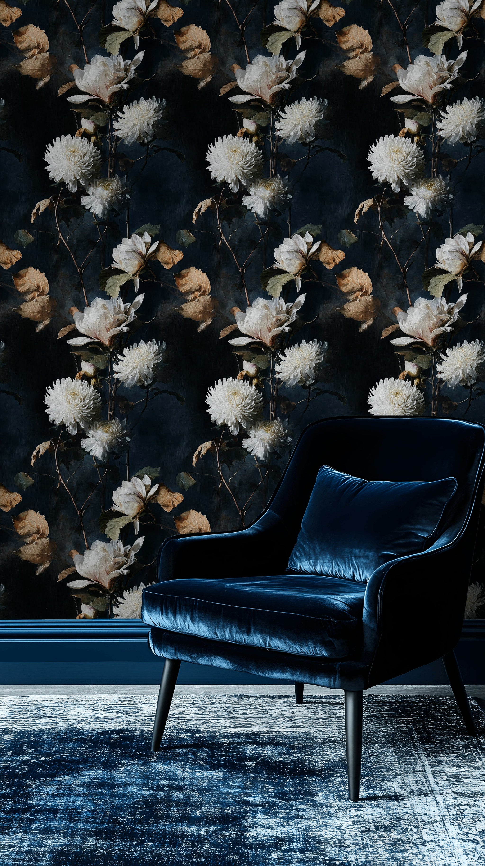 Navy Blue Large Floral Bouquet Wallpaper