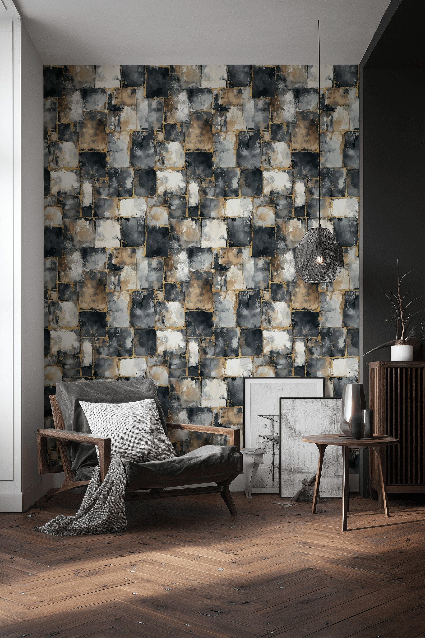 Moody Black and Beige Abstract Geometric Wallpaper