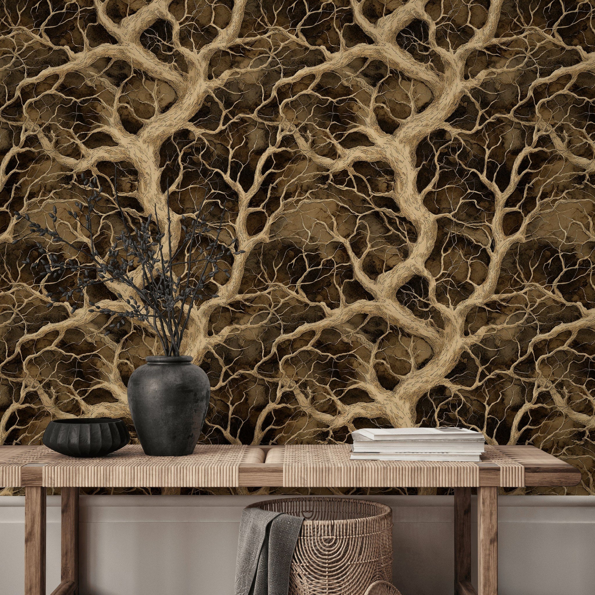 Dark Brown Textured Branch Botanical Wallpaper