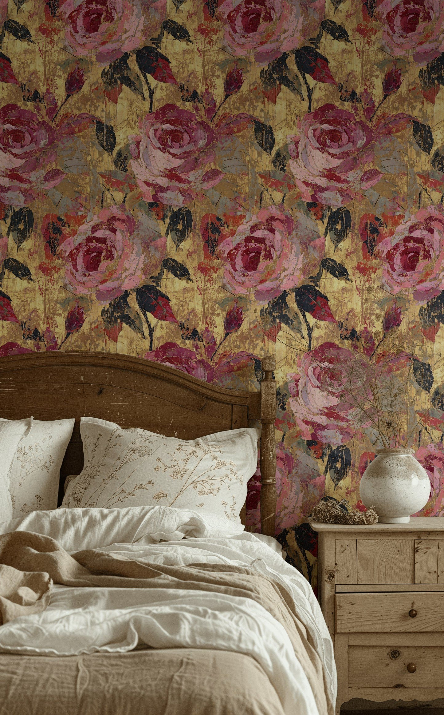 Pink Rose Wallpaper Gold Leaf Look Wall Mural
