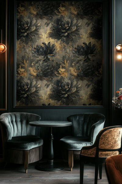 Deep Black and Gold Look Large Floral Wallpaper